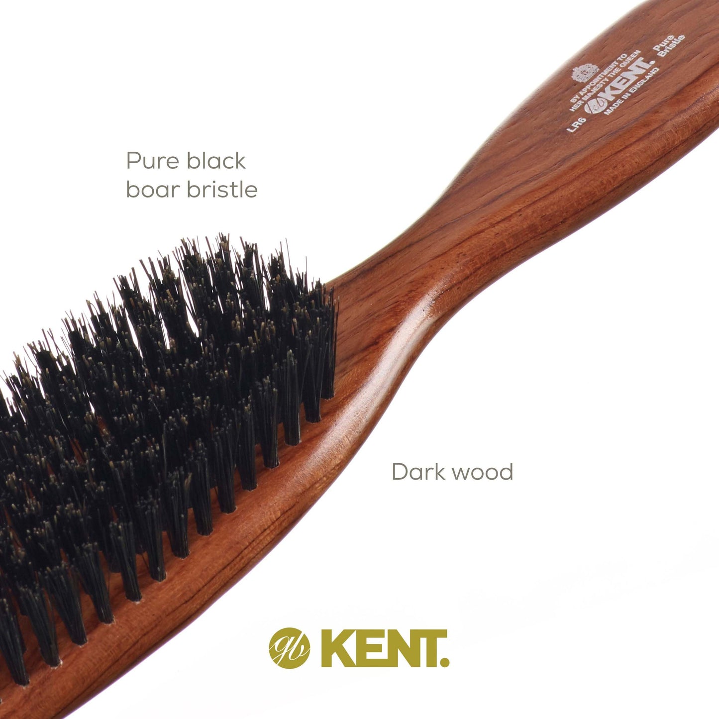 Kent LR6 Finest Dark Wood Styling Hair Brushes for Women - Natural Black Boar Bristle Hairbrush for Medium to Thick Hair of All Lengths - Dry Brush for Styling, Straightening, and Stimulating Oils