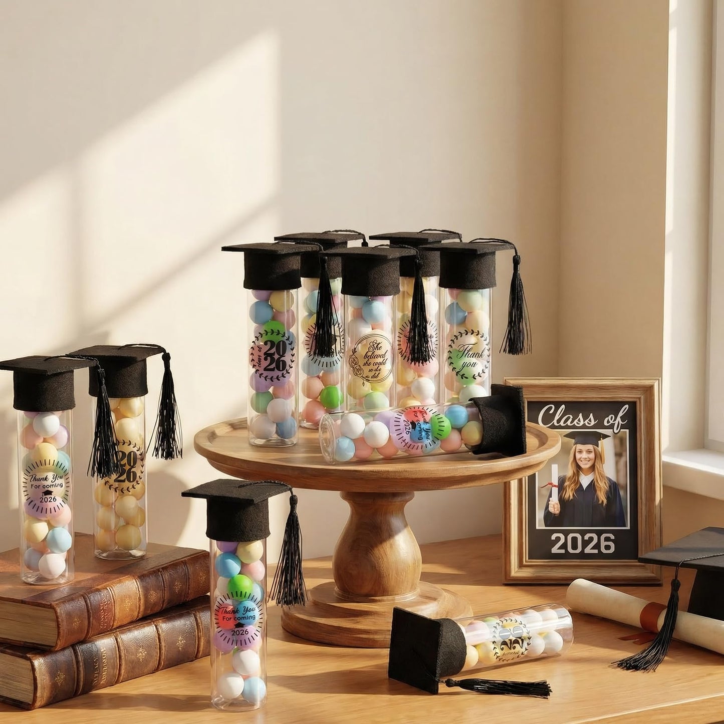 Teenyyou 50 Pcs Graduation Candy Tubes 2026 Graduation Party Favors Candy Boxes Plastic Grad Cap Jars Container with Tassels and Stickers for DIY Grad Table Party Favors (Black)