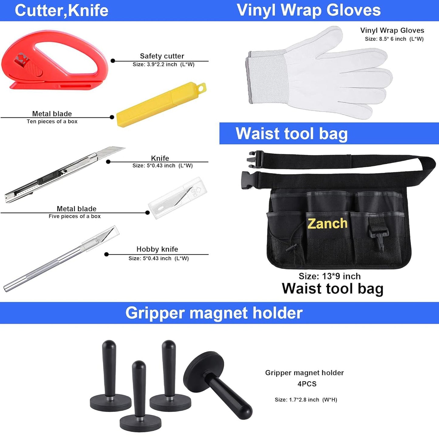 Zanch Window Tint Kit,Complete Tool Set for Professional Window Tint Protective Film Installation【Deluxe 64pcs with Tool Waist Bag】