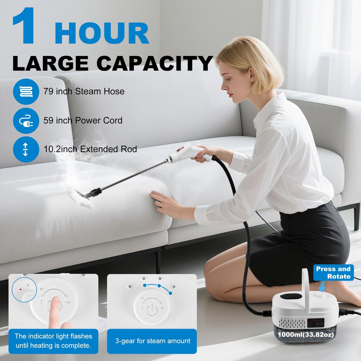 1L Handheld Steam Cleaner for Home and Kitchen Cleaning, 2500W 15s Fast-Heating & 3 Speeds, Portable Steam Cleaner Multi-Surface Deep Cleaning Supplies for Surface, Corner, Crevice (110V, White)
