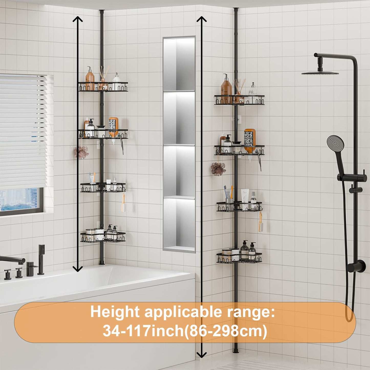 HouseUp Corner Shower Caddy Tension Pole - 4-Tier Shower Corner Shelf for Bathtub Bathroom Shower Organizer - Adjustable 34in-120in, Space Saving Bathtub Accessory Shelves, Black