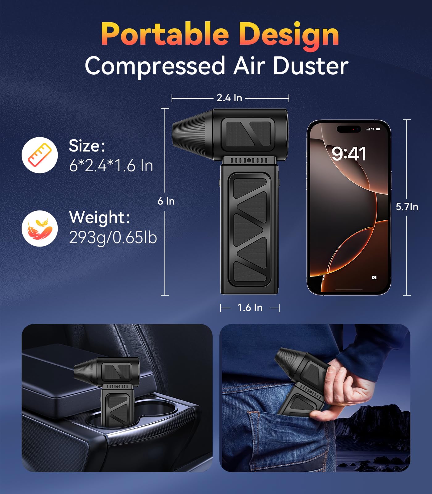 YUHUO Upgraded Compressed Air Duster, 360000 RPM Electric Air Duster with Powerful Motor, Rechargeable Battery, 5-Gear Cordless Mini Blower Jet Turbo Fan, Dust Blower for PC Keyboard Car Dryer Desk