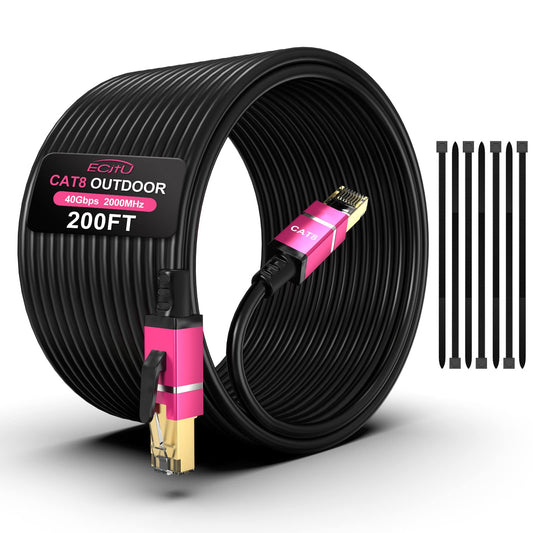 200FT Cat8 Outdoor Ethernet Cable, In-Ground, 26AWG Pure Copper Cat 8, Heavy Duty Direct Burial, LLDPE UV Jacket, Waterproof, 40Gbps 2000Mhz SFTP Patch Cord, POE, Network, Internet, with 25 Cable Ties