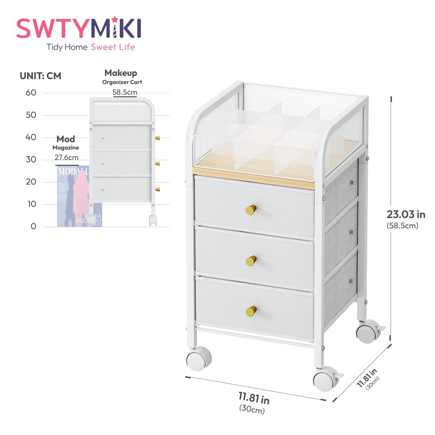 SWTYMIKI Rolling Makeup Organizer Cart - Under Desk Vanity Makeup Storage with 3 Non-woven Drawers, Nail Cart Organizer Cosmetic Display Cases Cabinet for Skin Care Perfume Nail Polish Brush Hair Tool