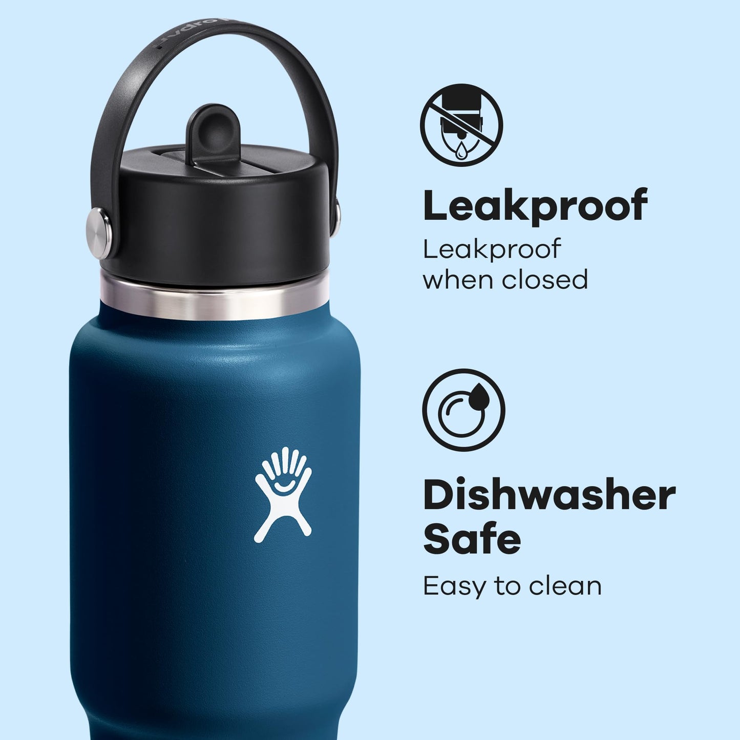 Hydro Flask Travel Water Bottle - Insulated Stainless Steel - Wide Straw Lid, Non Spill, Leakproof in 32 Oz Indigo Blue
