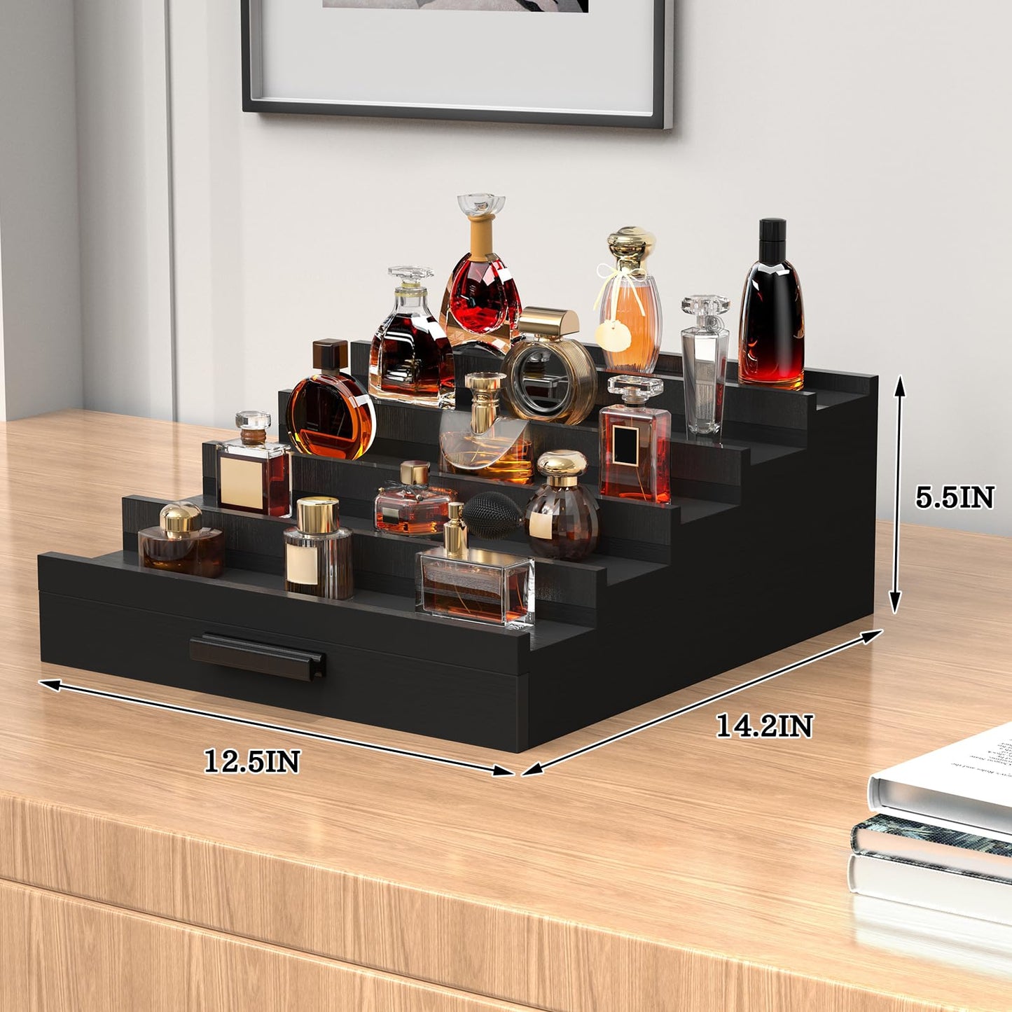 Zaldia Wooden Cologne Organizer for Men 5 Tier of Perfume Display Holder of Drawer & 2 Hidden Compartments Larger Storage Space Mens Perfume Organizer Shelf Stand,Gift for Man (5T-Black)