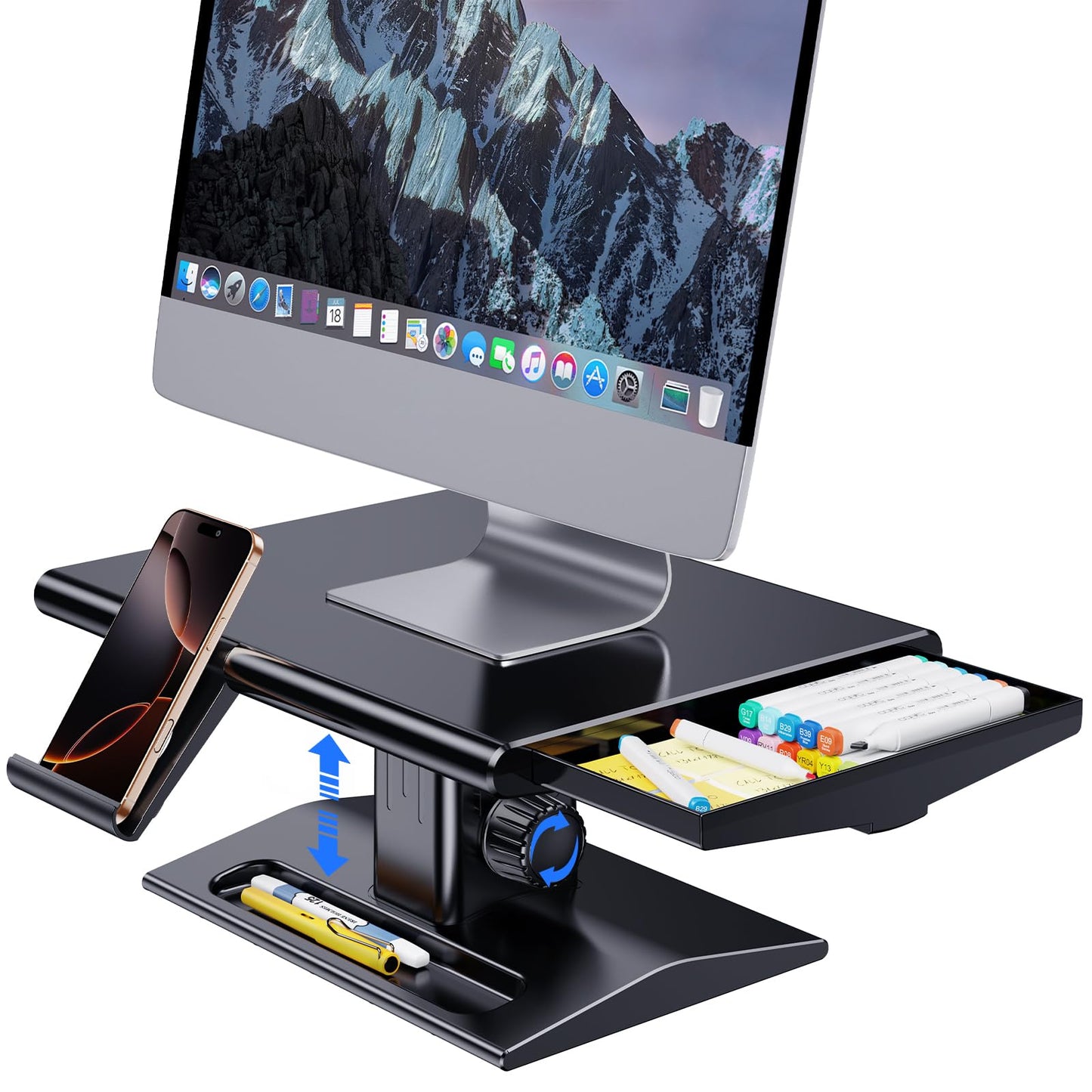 NIFBANG Computer Monitor Stand Riser for Desk,5.7-6.5 Inches Height Adjustable with Storage Drawer & Phone Holder,Workspace Desktop Organizer Monitor Stands Risers Shelf for Computer,Laptop,Printer,TV