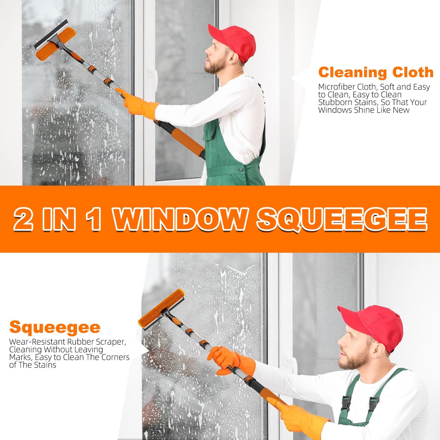 SISUPASSIE 30FT Reach Window Squeegee with Extension Pole, 2-in-1 Professional Window Washing Kit for Home, Indoor Outdoor Squeegee with Rotatable Head for High Windows