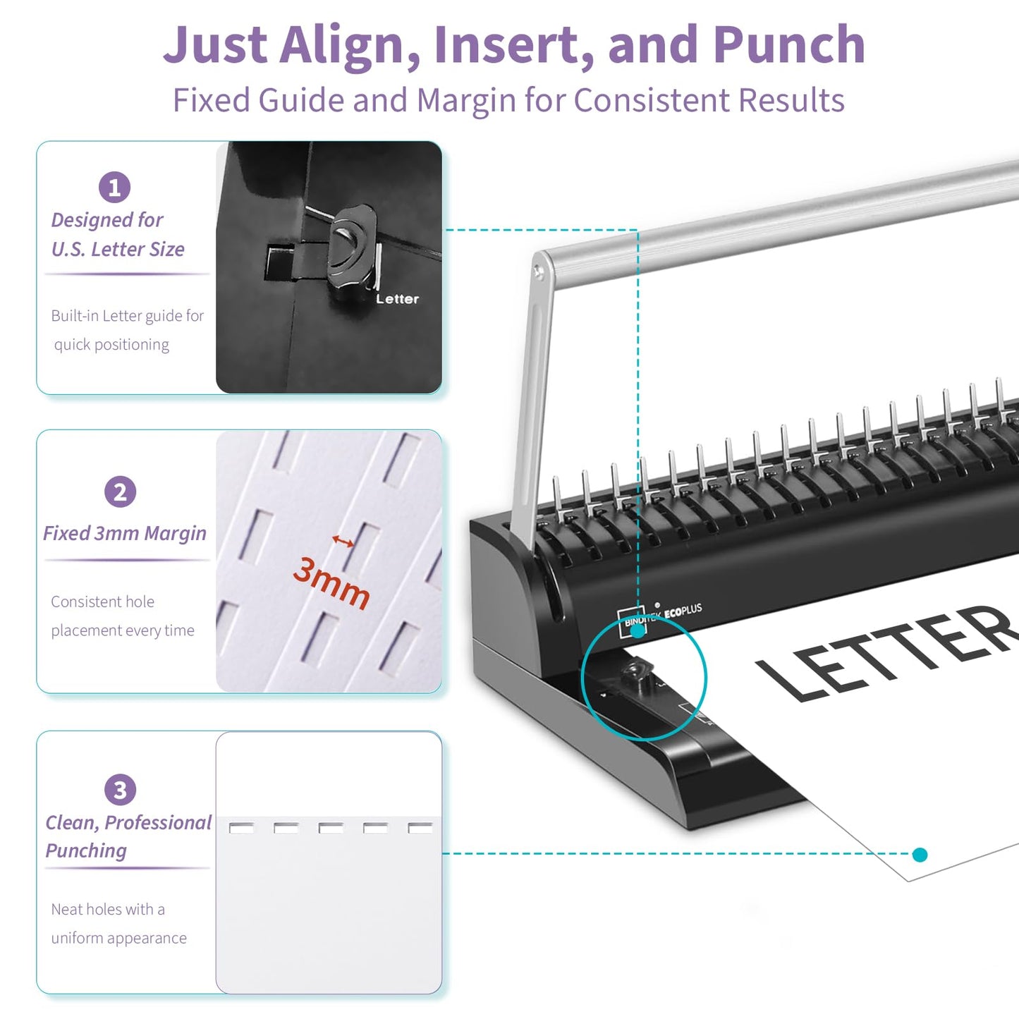 Binditek Binding Machine, 19-Hole, 145 Sheets, Comb Binder Machines with 30 PCS 1/2" Binding Combs, for Letter Size, Fixed Margin