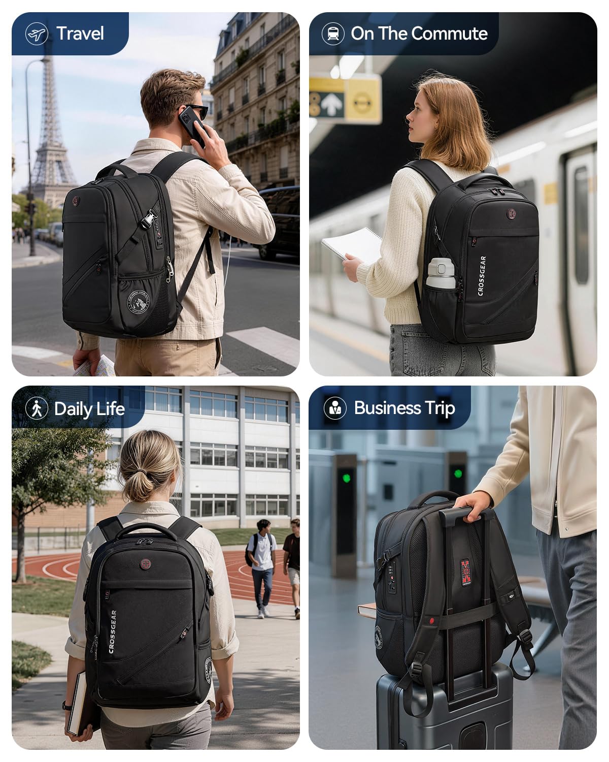CROSSGEAR 17.3 inch Laptop Backpack for Men Women with Anti-Theft Lock, 30L Backpack for Travel with USB Charging Port, Water-Resistant Business Computer Backpack for Men Work College,Black
