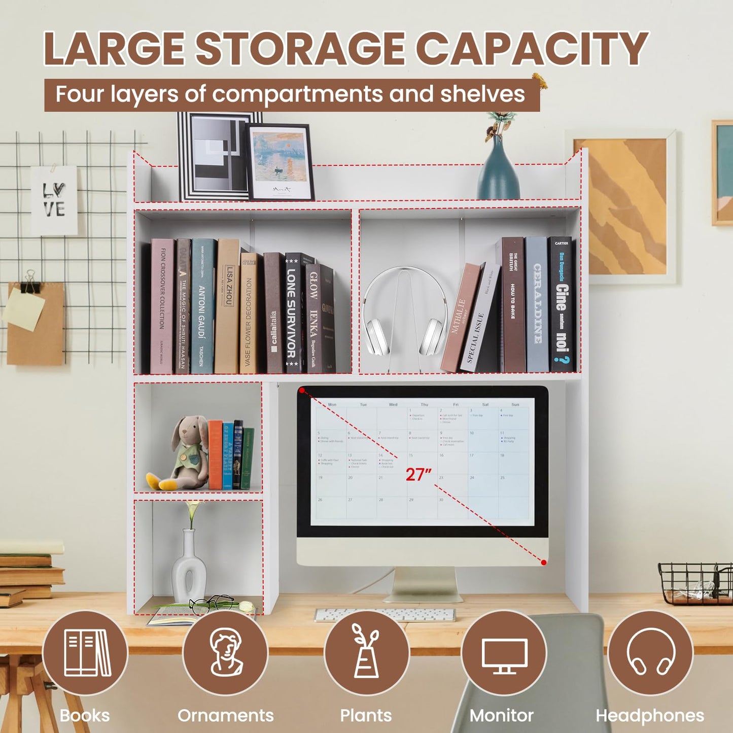 storenization Desktop Bookshelf 36" Tall, White Desk Hutch for Dorm Computer Desk, 4-Tire Wood Desk Shelf Storage Organizer for Office Home