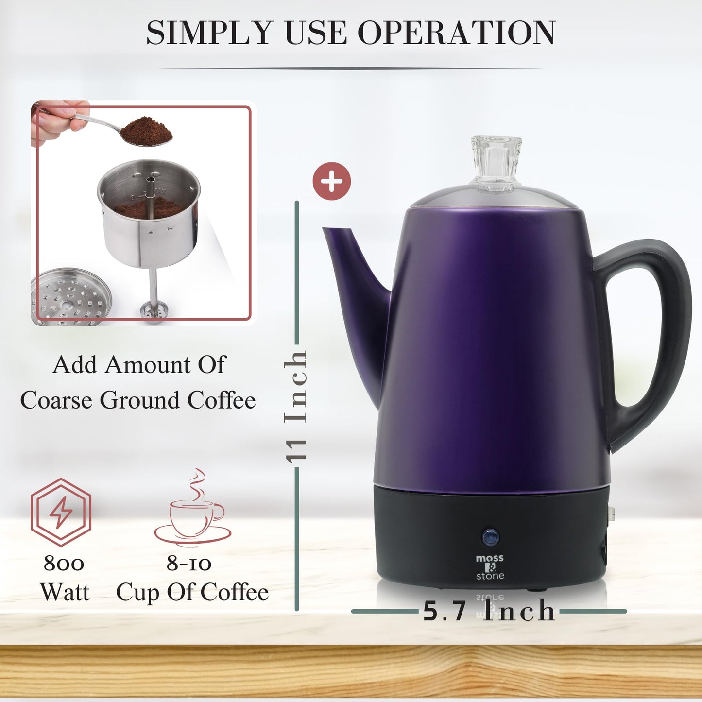 Moss & Stone 10 Cup Purpale Percolator Coffee Pot Electric, Stainless Steel Coffee Percolator Electric With Keep Warm Function, Classic Perculator Pot With Removable Basket for Home or Office