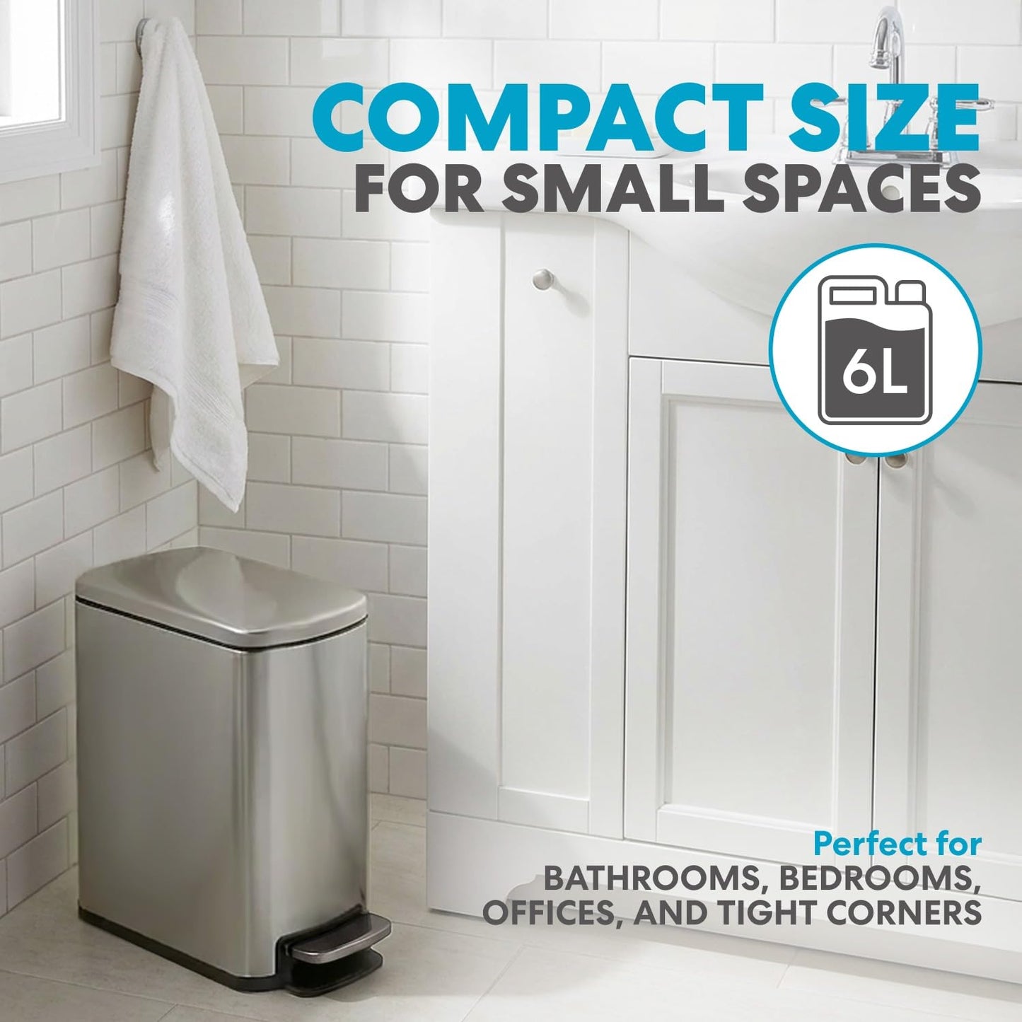 SIMPLI-Magic 6L/1.6G Stainless Steel Bathroom Trash Can with Hands-Free Foot Pedal, Quiet Soft-Close Lid, Compact Space-Saving Size