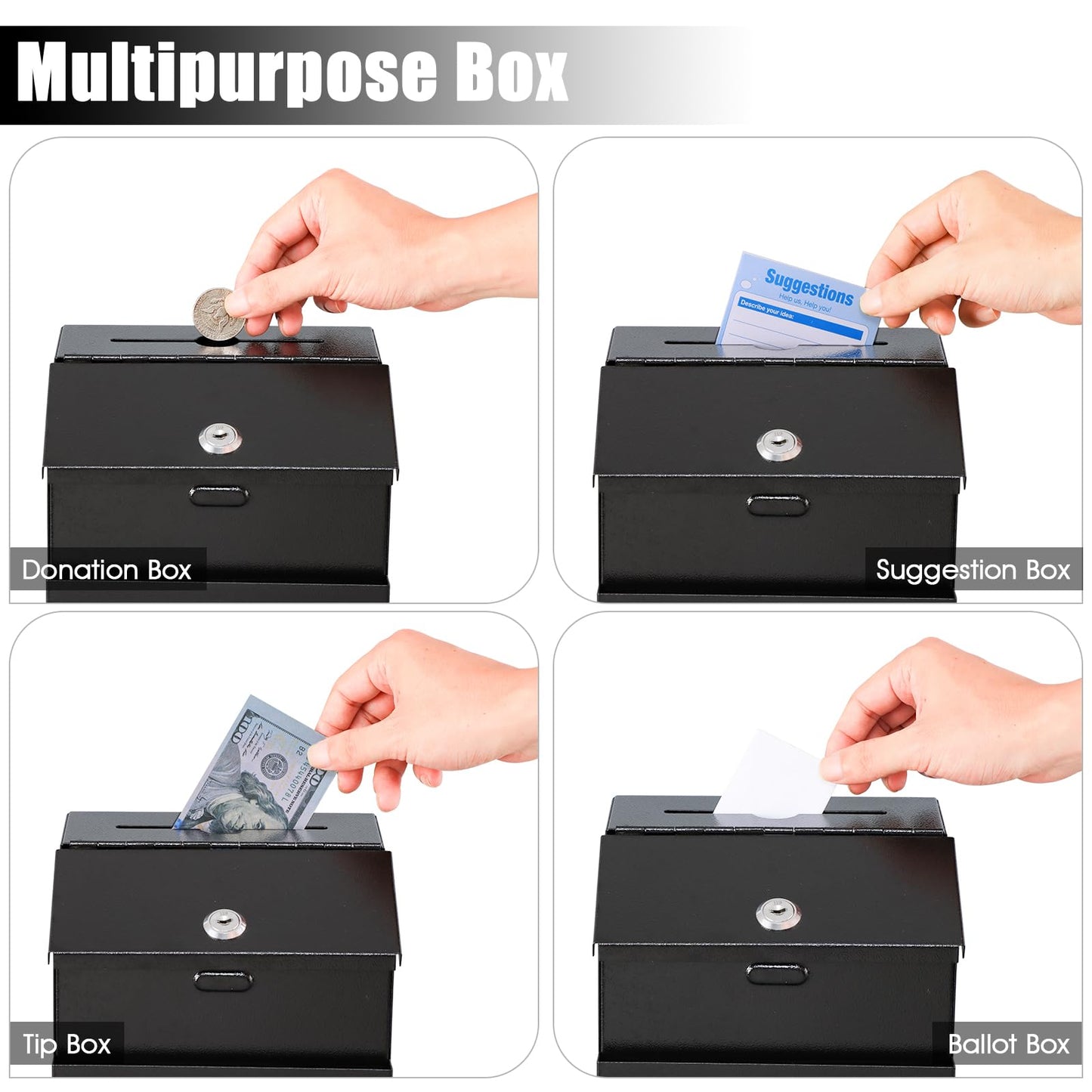 KYODOLED Suggestion Box with Lock and Slot, Metal Wall Mounted Money Key Drop Box with 100 Free Suggestion Cards, Donation and Collection for Fundraising, Black, 2Pack