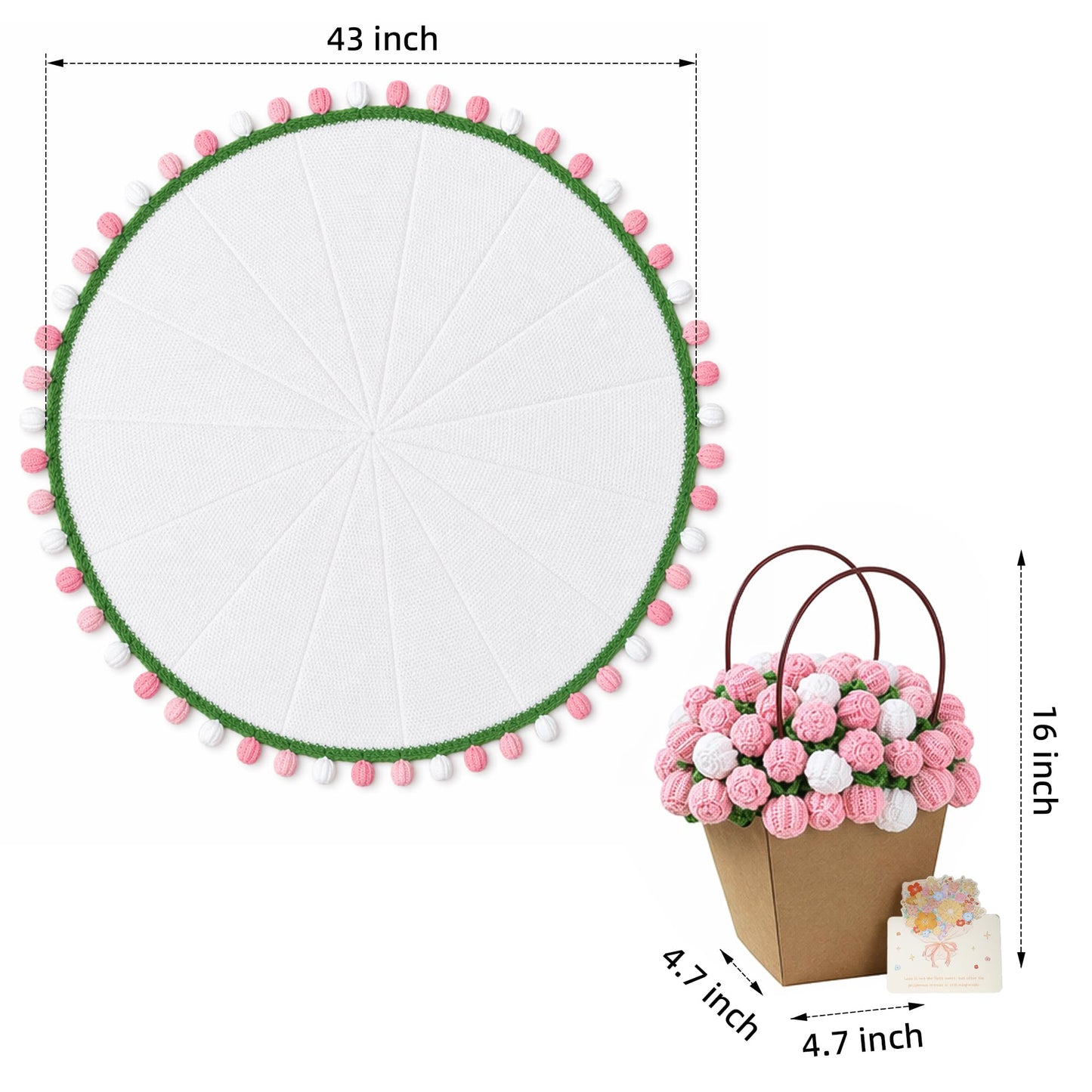 Crochet Flower Bouquet Throw Blanket, 43inch Handmade Knitted Blanket with Rose Flowers, Cute Romantic Gift for Her Girlfriend Mom Mother’s Day Valentine Wedding Anniversary Birthday, Pink and White