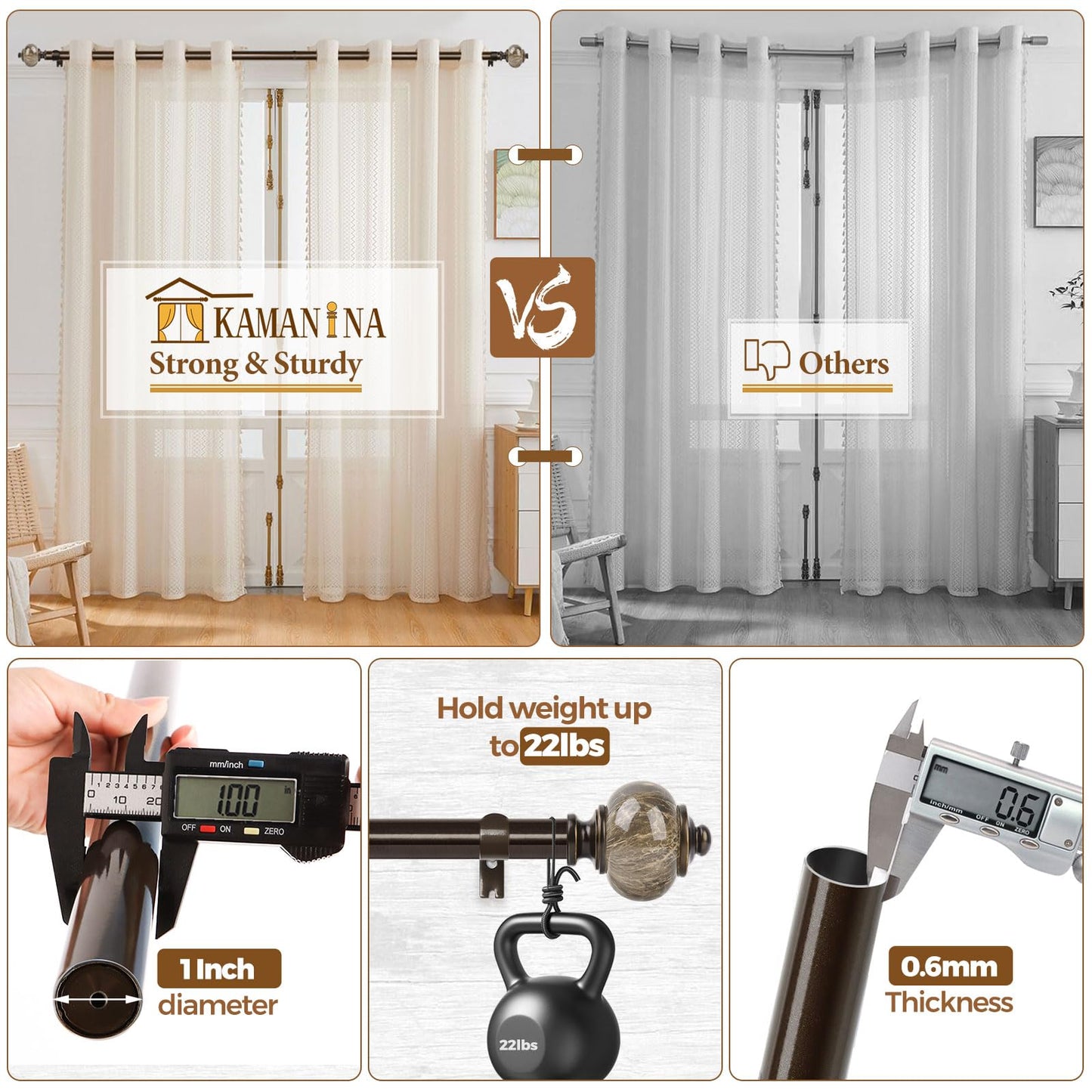 KAMANINA 2 Pack Curtain Rods 32 to 58 Inches (2.6-4.8ft), 1 Inch Single Curtain Rod for Windows, Decorative Drapery Rod with Marble End, Antique Bronze