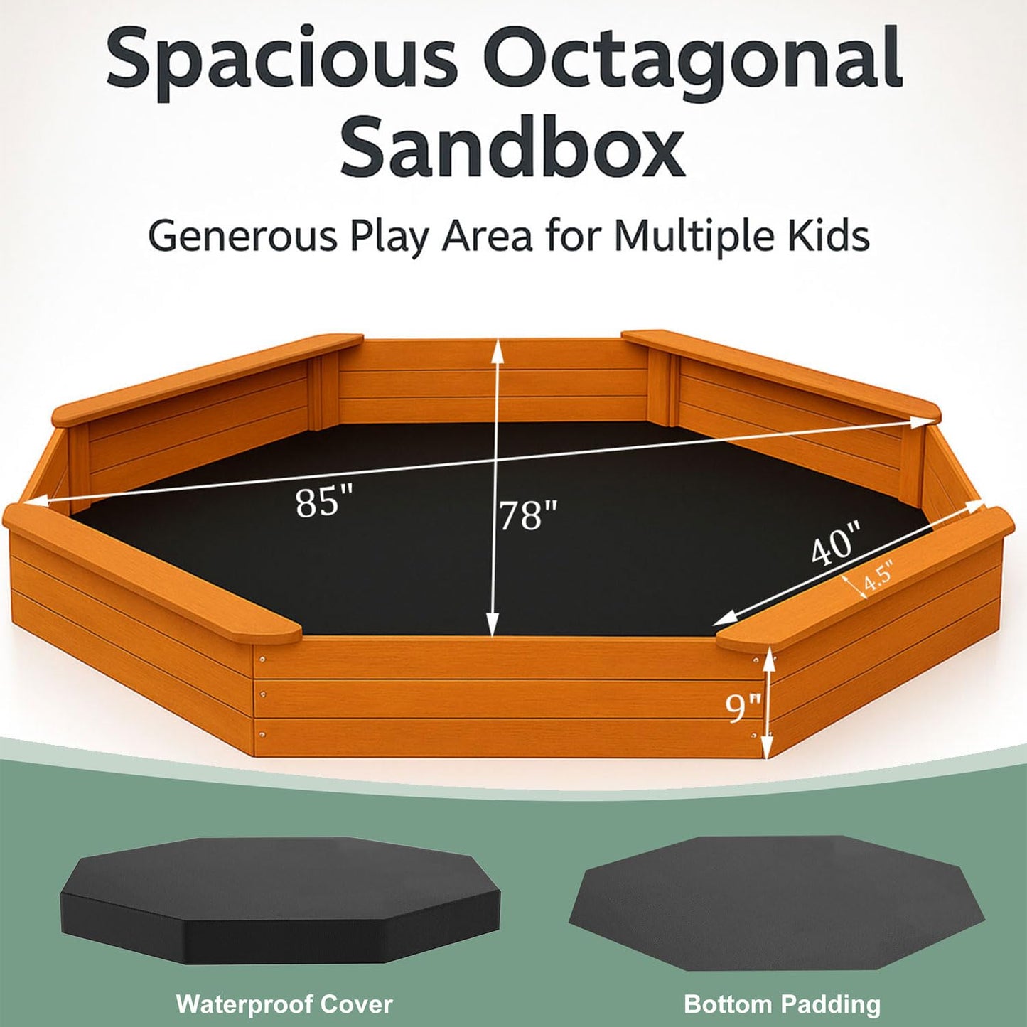 84"x78" Octagon Wooden Sandbox with Waterproof Cover & Liner, Large Outdoor Sandpit with Benches, Fir Wood Sand Box for Kids Backyard Play, Weather-Resistant,Golden red