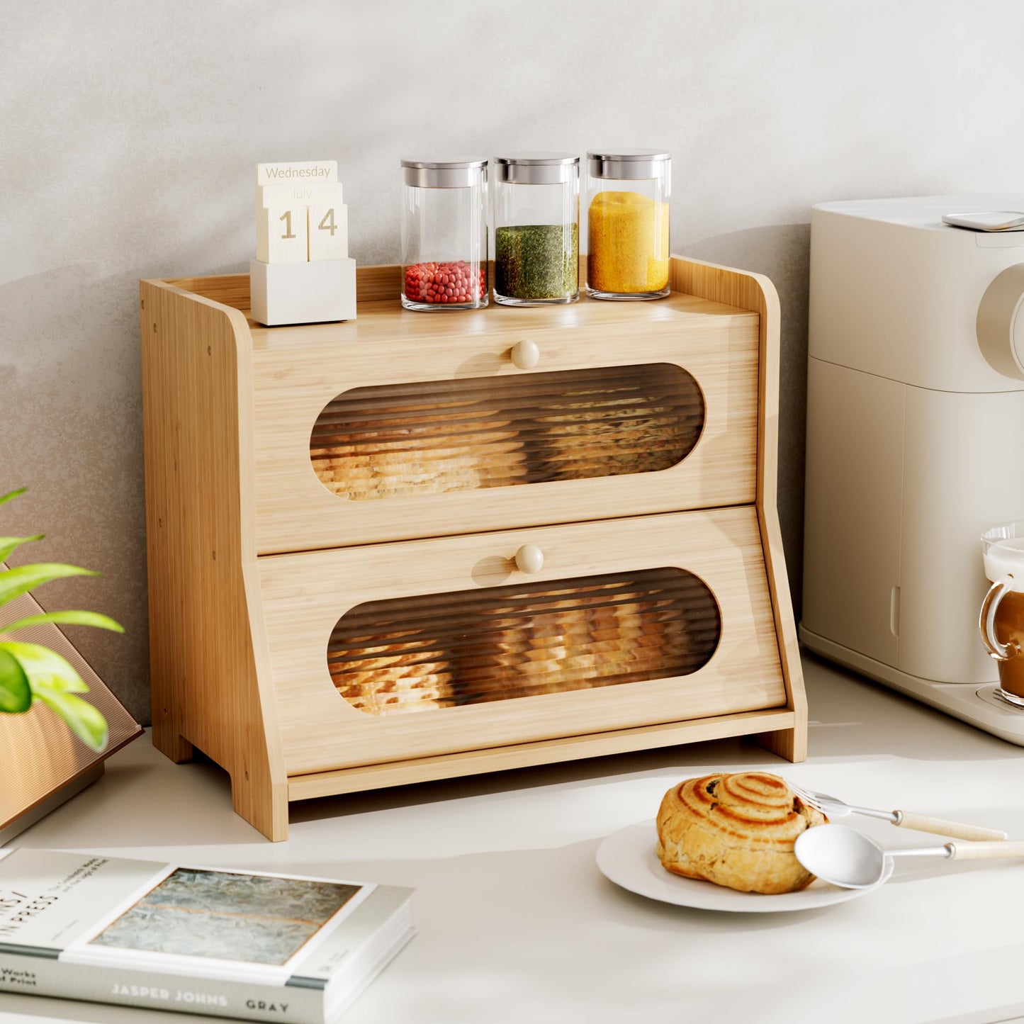 Stylstoreazy Bread Box,Extra Large 2-Tier Bamboo Bread Box for Kitchen Countertop,Bread Storage Container with Magnetic Acrylic Door for Homemade Bread,Under Cabinet,Pantry Organizer(Natural)