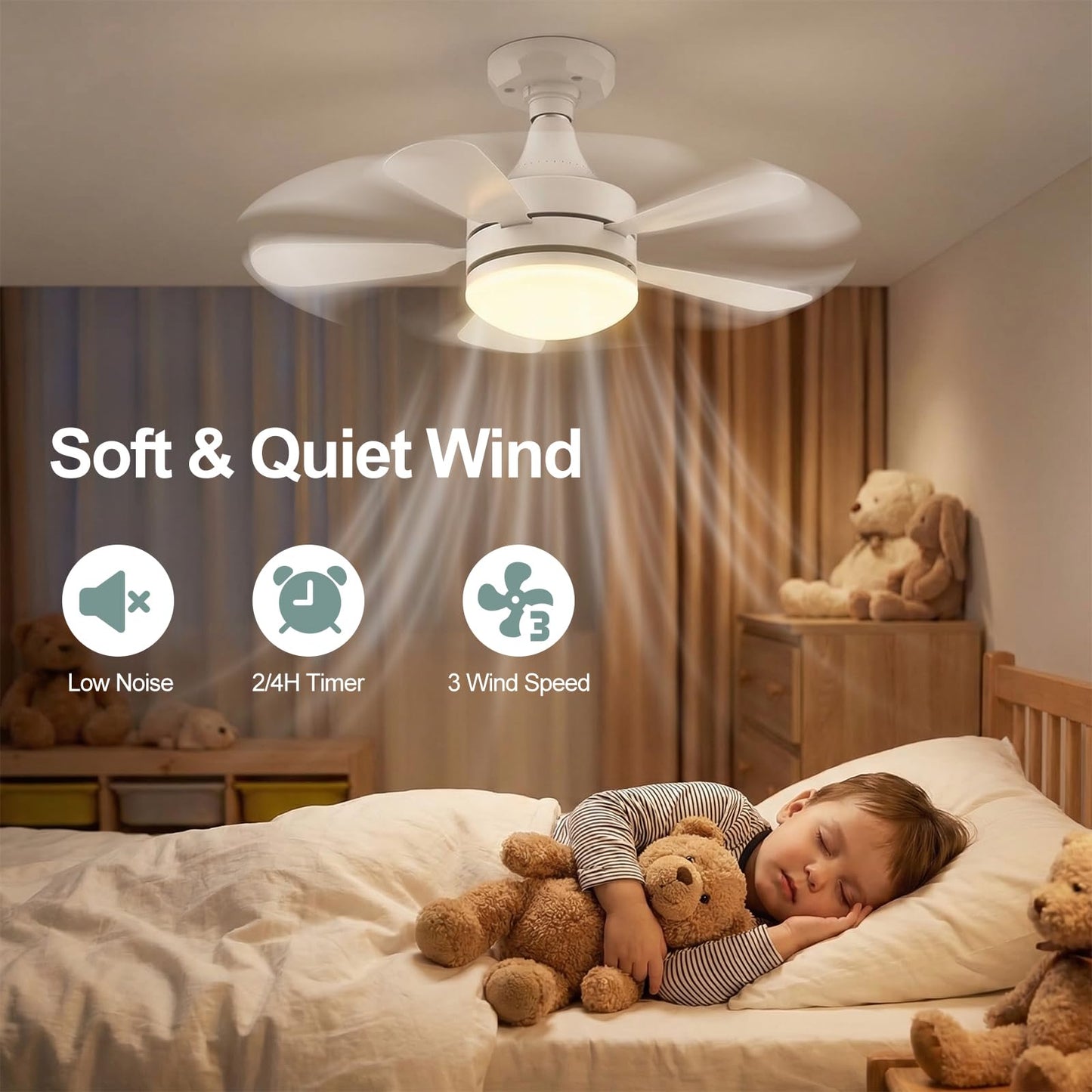 WZZIW 17.7" Socket Fan Light, 3000 Lumens Small Ceiling Fans with Lights and Remote, E26/E27 Light Bulb Fan with Reversible Motor, Dimmable 3000K-6500K Light Socket Fan for Bedroom Kitchen Garage