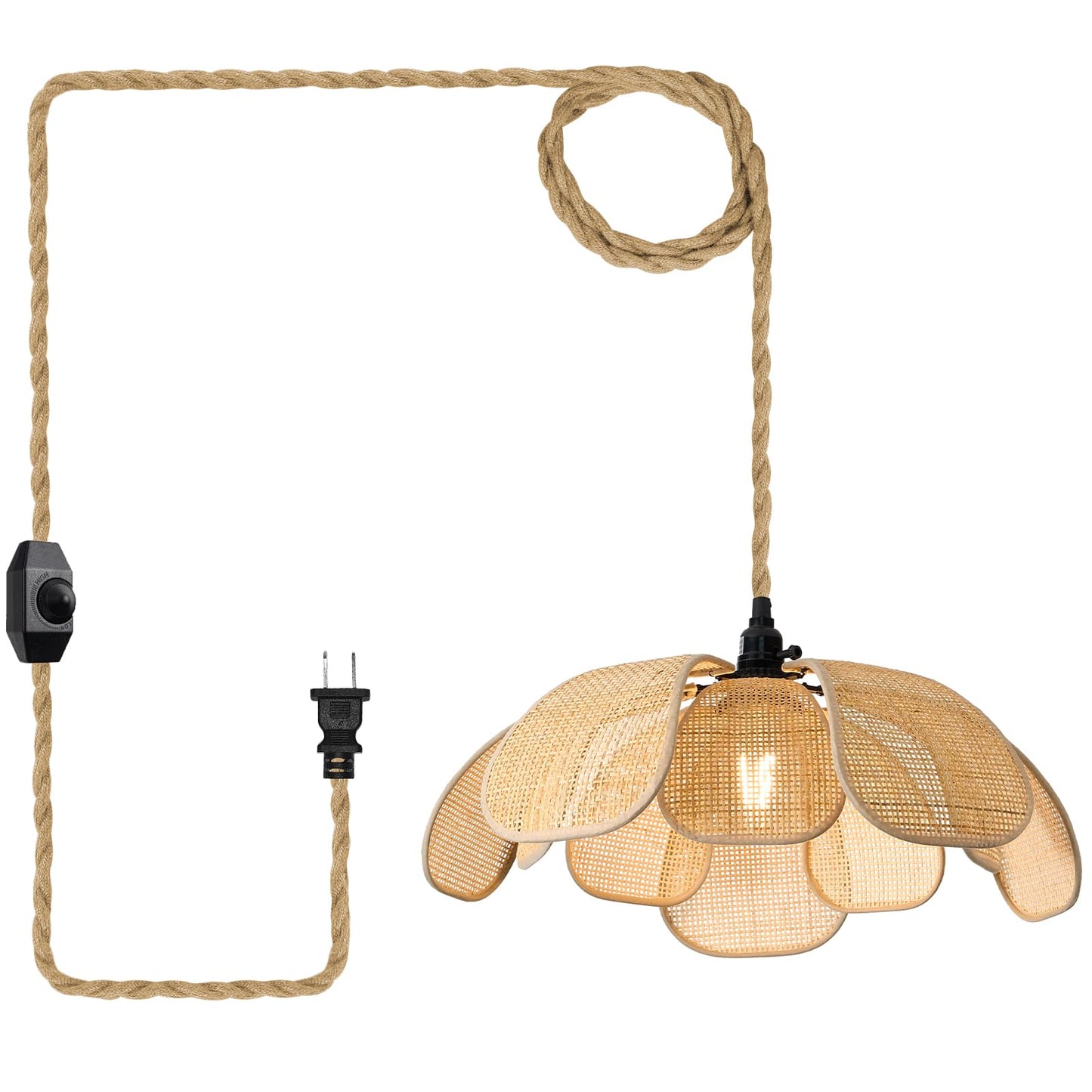 Haolaike Boho Plug in Chandeliers Rattan Hanging Lights Flower Pendant Light with On/Off Switch 15ft Hemp Rope Cord Handwoven Lampshade Bedroom Flower Hanging Lamp Fixture for Dining Room Living Room