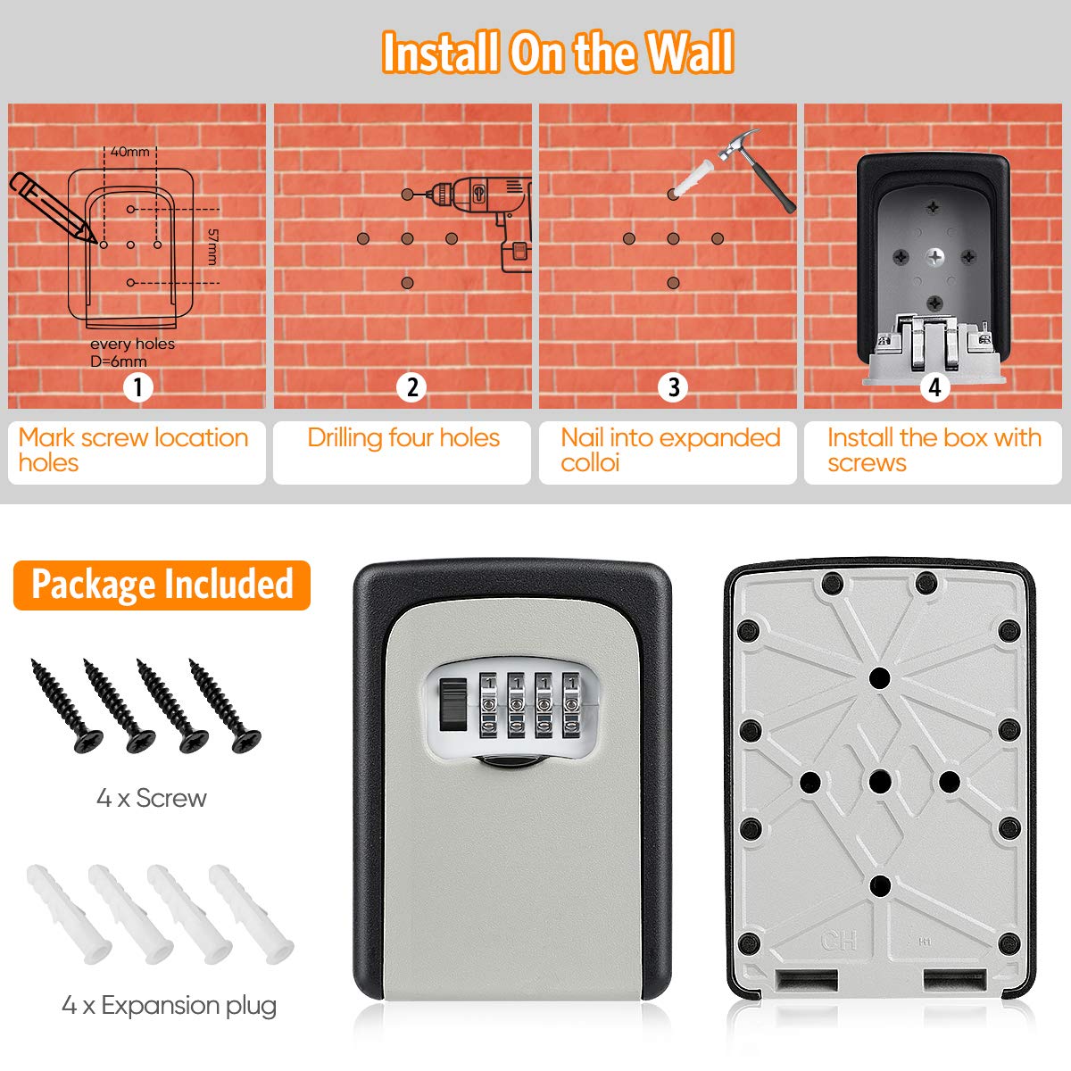 Key Lock Box Wall Mounted, Fayleeko 4 Digit Combination Lockbox for Outside, House Keys - 5 Keys Capacity, Key Safe Security Storage Lock Box for Indoor, Outdoor, Garage, Garden, Store (Grey, 4Pack)