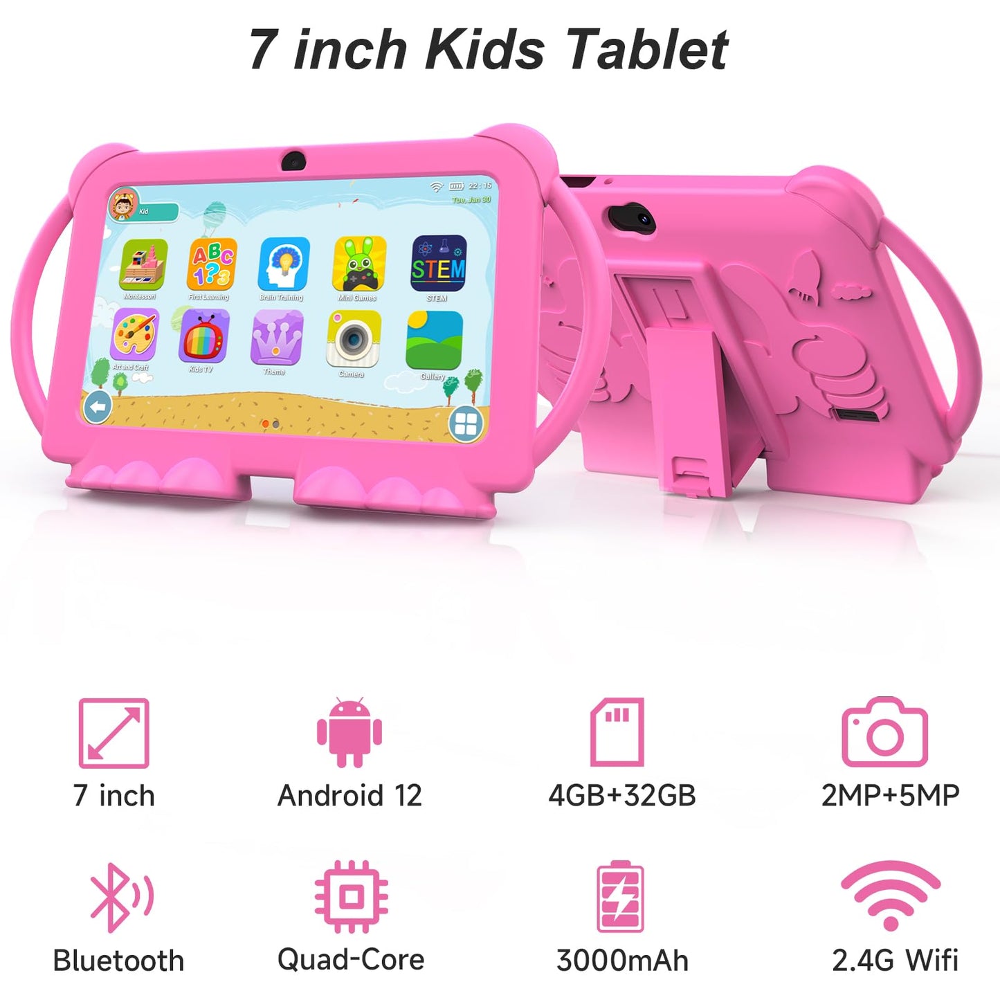 Kids Tablet, 7 inch Android 12 Tablet for Kids, 4GB RAM 32GB ROM 1TB Expand, Toddler Tablet with Parental Control, IPS Screen, Dual Camera, Educational, Games, Shockproof Case for Boys/Girls (Pink)