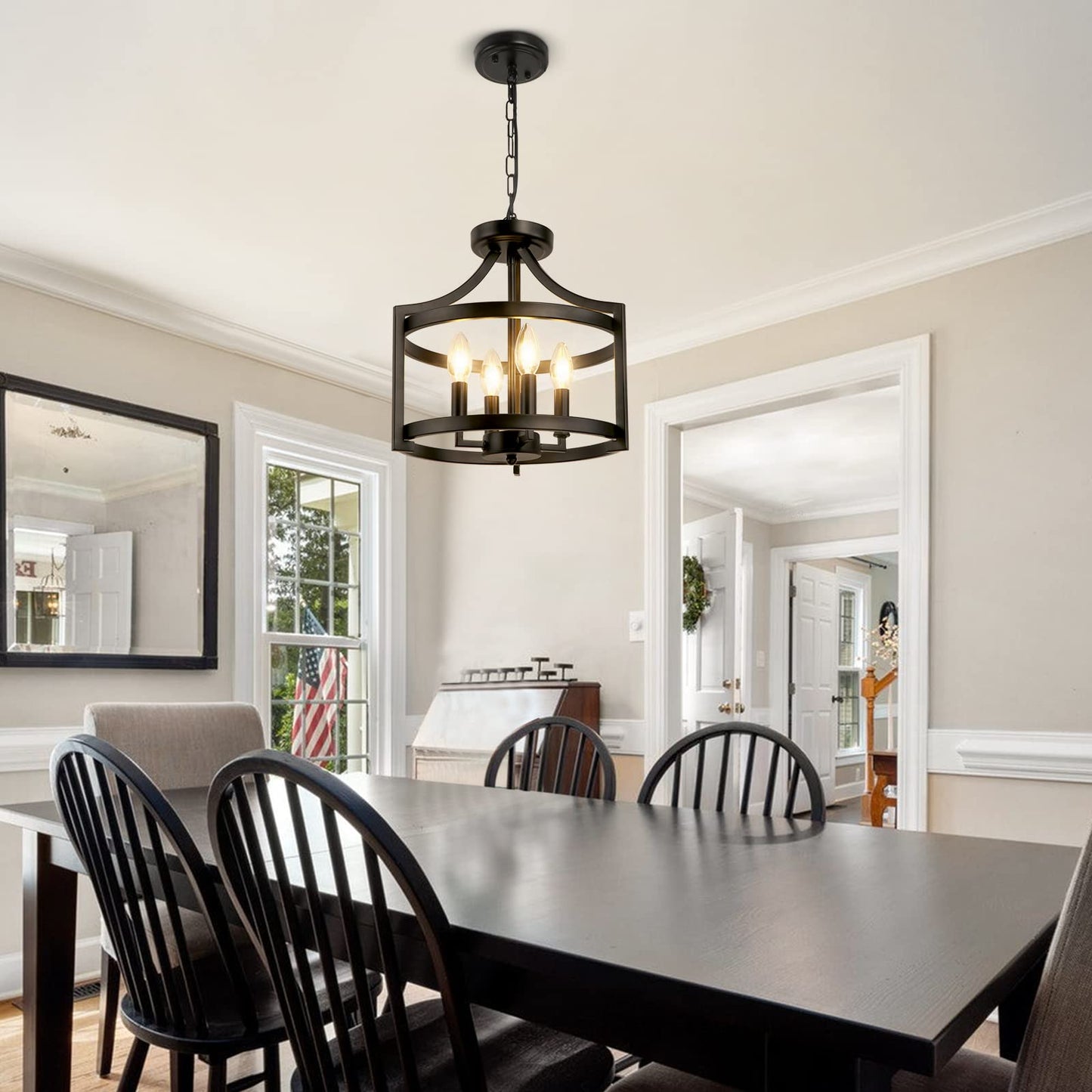 WBinDX 4-Light Farmhouse Chandelier, Modern Hanging Pendant Lighting, Convertible Semi Flush Mount Ceiling Light Fixture Rustic Vintage Black Chandeliers for Dining Room Kitchen Foyer Entryway