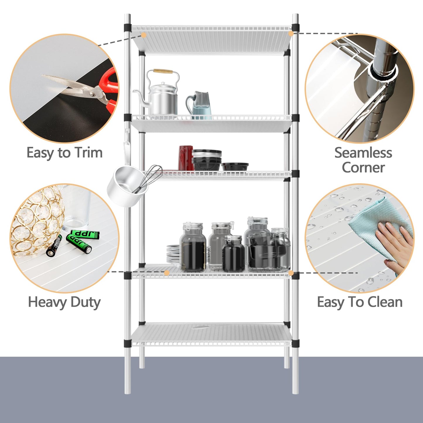 5 Pack 18x48 Shelf Liners for Wire Shelving – Actual 17.44x47.44 Plastic Mats, Grey (Rolled) – Non-Slip for Cabinet & Storage Racks