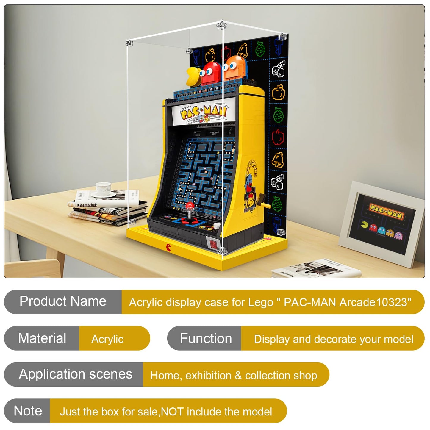 Acrylic Display Case for Lego Pac-Man Arcade Machine Building Toy Set, Dustproof Display Box for Lego Pac-Man Arcade Machine 10323, Customized Decorative Box & HD Painted Background