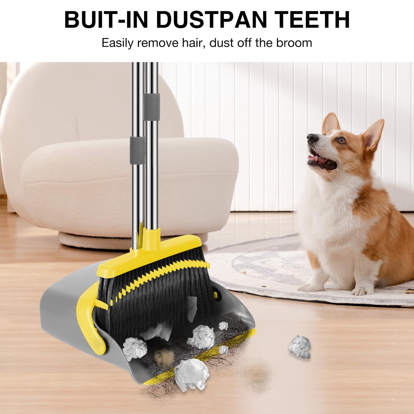 NACENA Broom and Dustpan Set, 52-in Long Adjustable Handle Broom Dustpan Combo with Dustpan Teeth to Automatically Clean Hair Suitable for Home Kitchen Office Hall Floor (Grey&Yellow), 4 Pack
