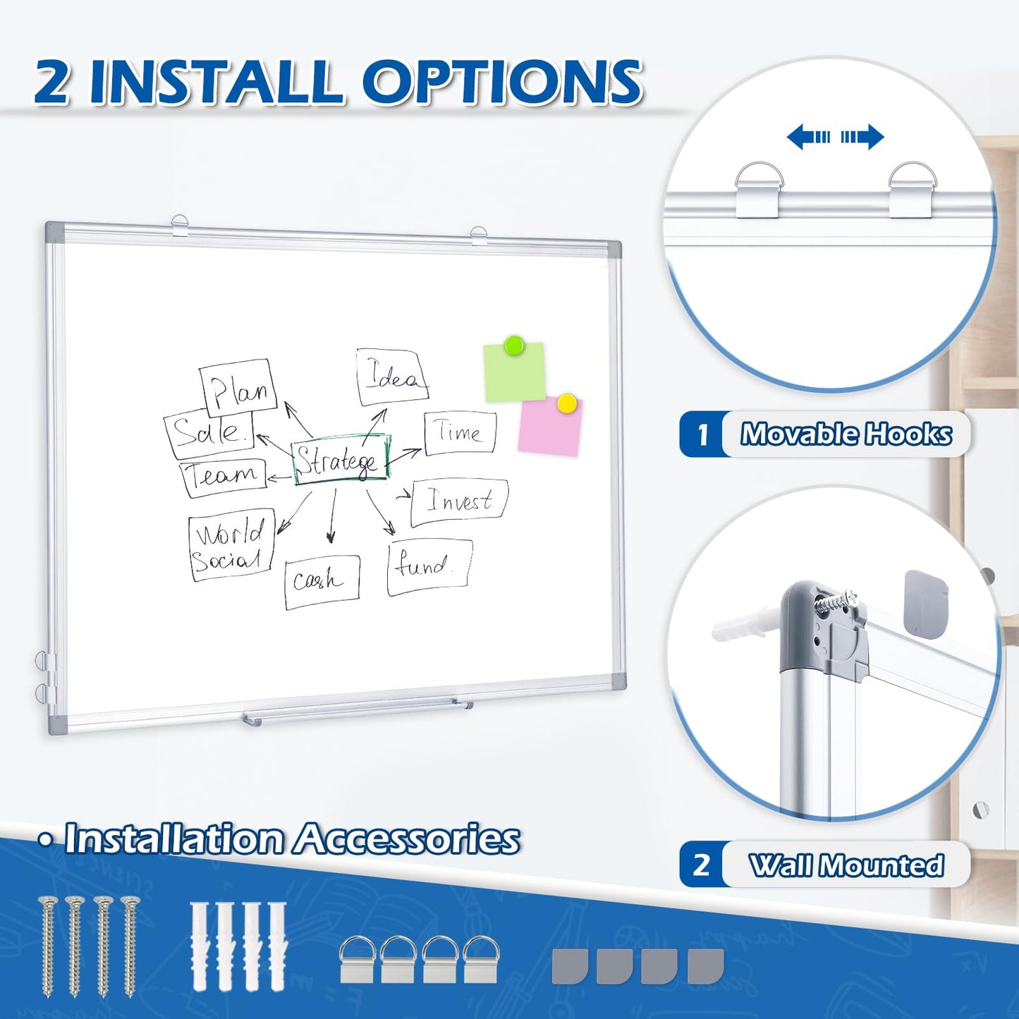 DOLLAR BOSS Dry Erase Board, 36 x 24 Inch Double-Sided Magnetic Whiteboard for Wall Silver Aluminum Frame for Office School Home with 8 Magnets 4 Markers 1 Eraser 1 Detachable Pen Tray