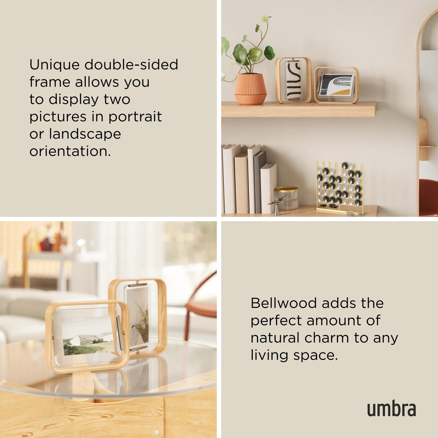 Umbra Bellwood 5x7 Desk Picture Frame with Bent Wood Trim and Two-Sided Rotating Display, Natural