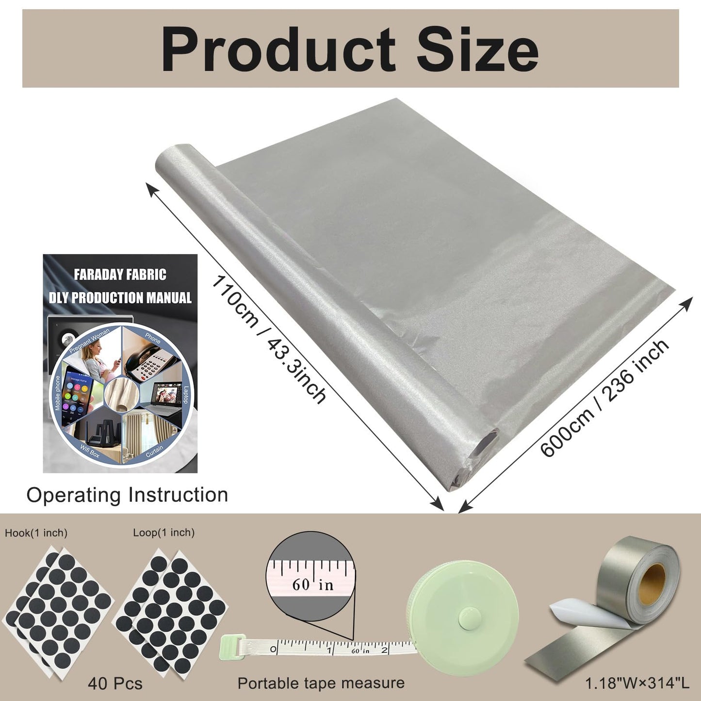ZTTXL Faraday Fabric 43" W×236" L(Big 6 Yards)+1.18" W×314" L Faraday Tape, Faraday Military Grade Conductive Material