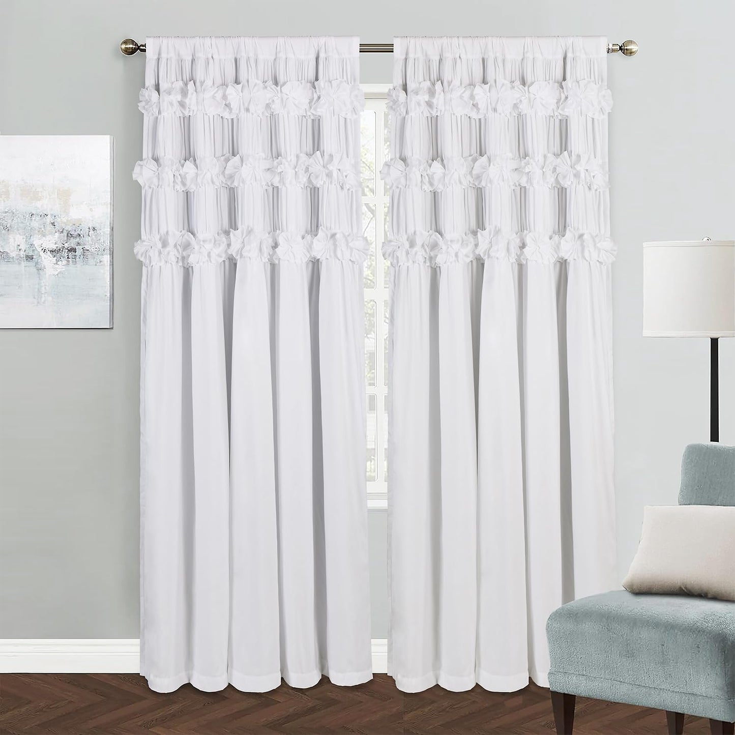 Homechoice Decor White Blackout Drapes - Handmade Ruffles & Butterfly Flower Accents Heat Blocking Window Curtain 54" x 84" x 2 Panels - Thermal Insulated, Soundproof & Light Reducing Curtains (LQ-37)