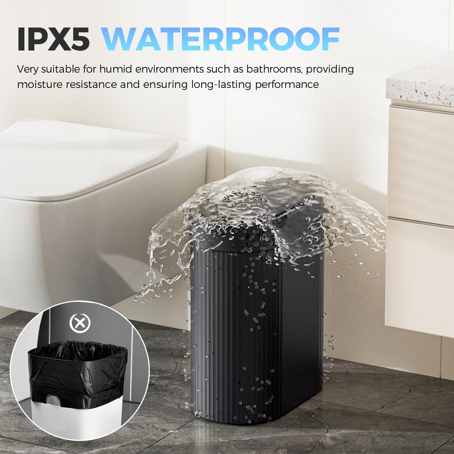 jinligogo 2 Pack 5 Gallon Bathroom Trash Can with Lid, Automatic Motion Sensor Black Trash Can, Touchless Slim Waterproof Garbage Bin for Kitchen, Bedroom, Office, and Bathroom