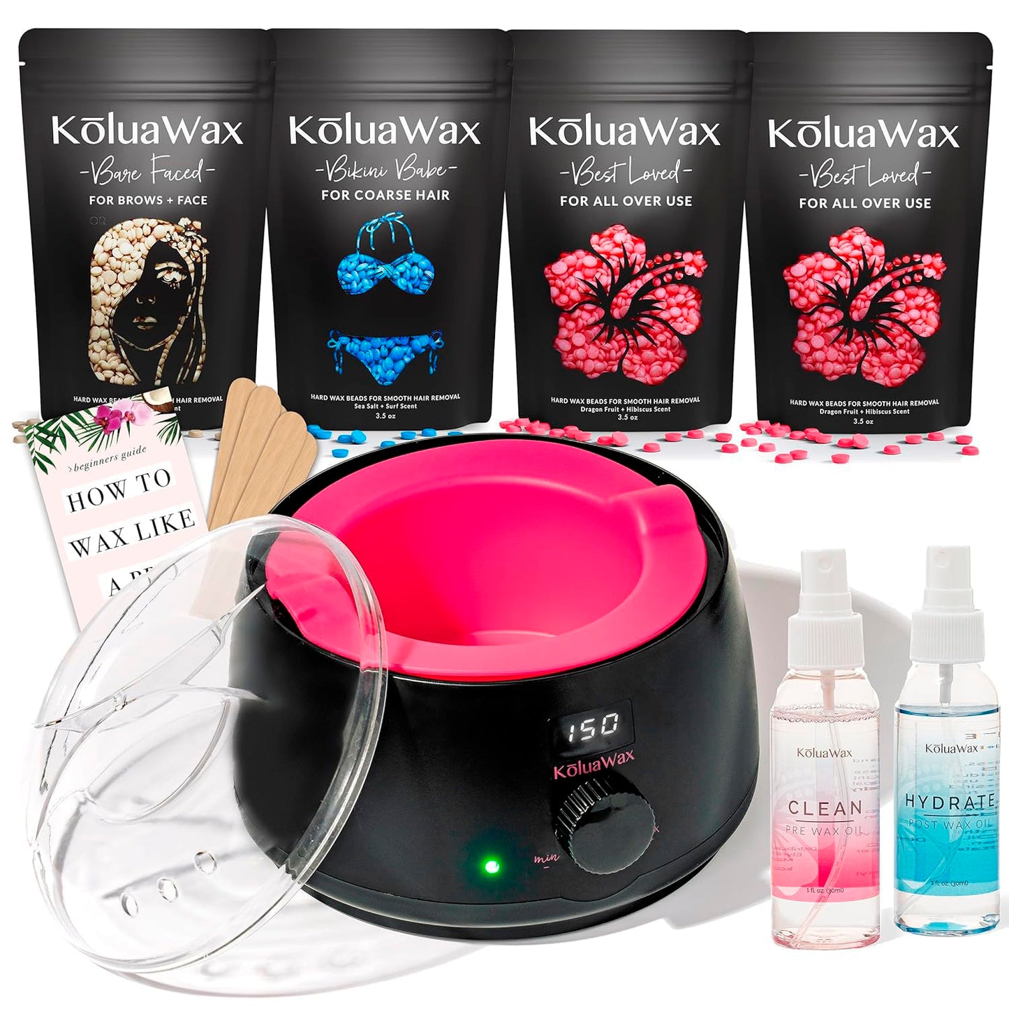 KoluaWax Premium Waxing Kit for Women - Hot Melt Hard Wax Warmer for Hair Removal, Eyebrow, Bikini, Legs, Face, Brazilian Wax - Machine (Pack of 4) Beads, Accessories, Black