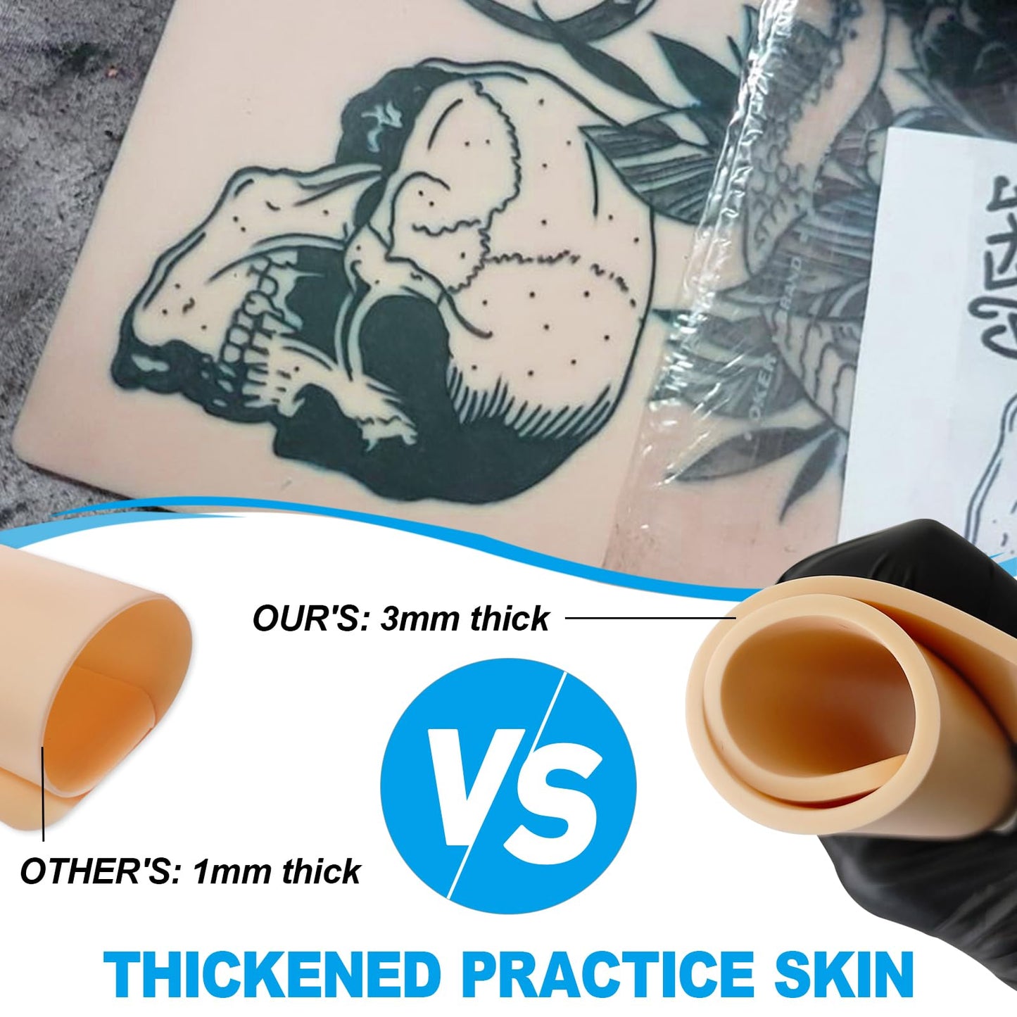 Emalla 3MM Fake Tattoo Skin - 20Pcs Thick Skin Practice Kit 7.48"x5.6" Double Sides Fake Skin Soft Silicone Practice for Beginners and Artists Tattoo Supplies