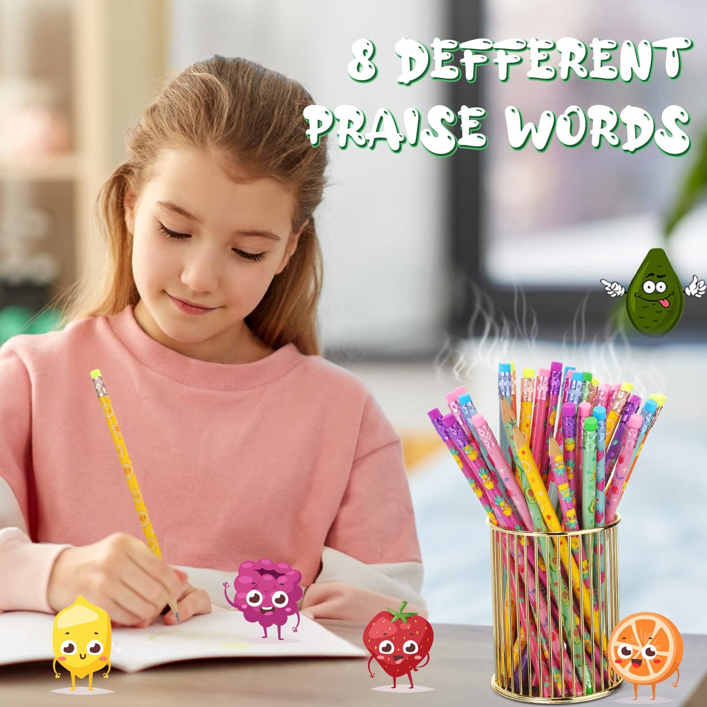 Leinuosen 300 Pcs Scented Pencils Bulk for Kids Inspirational Cute Fun Wood Pencils with Erasers Fruit Elements for School Classroom Office Students