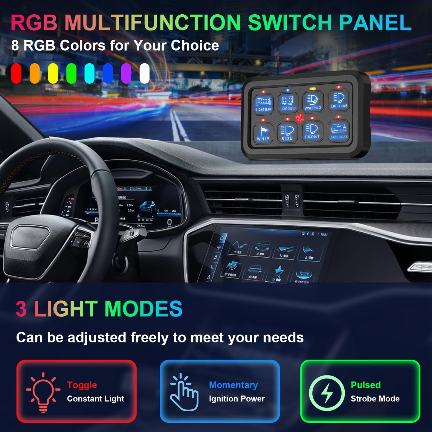8 Gang Switch Panel Control Panel, RGB Toggle Momentary Pulsed with Auto Dimmable Universal Auxillary Switch Panel Circuit Control Relay Box for Car Pickup Truck Jeep Boat UTV ATV Waterproof