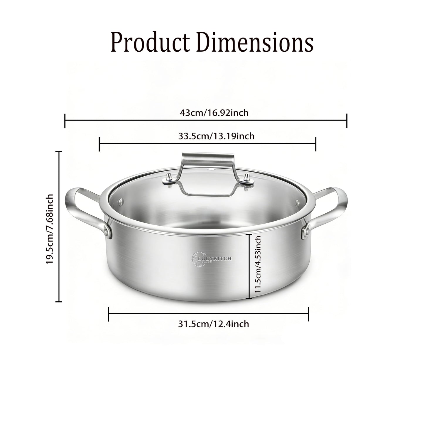 LOLYKITCH 8 Quart Stainless Steel Sauté Pan with Lid, Extra Large Deep Skillet, 13 Inch Triply Braiser Pot with Double Handles, Induction Jumbo Cooker for Family Meals, Oven Safe, 6-12 Servings