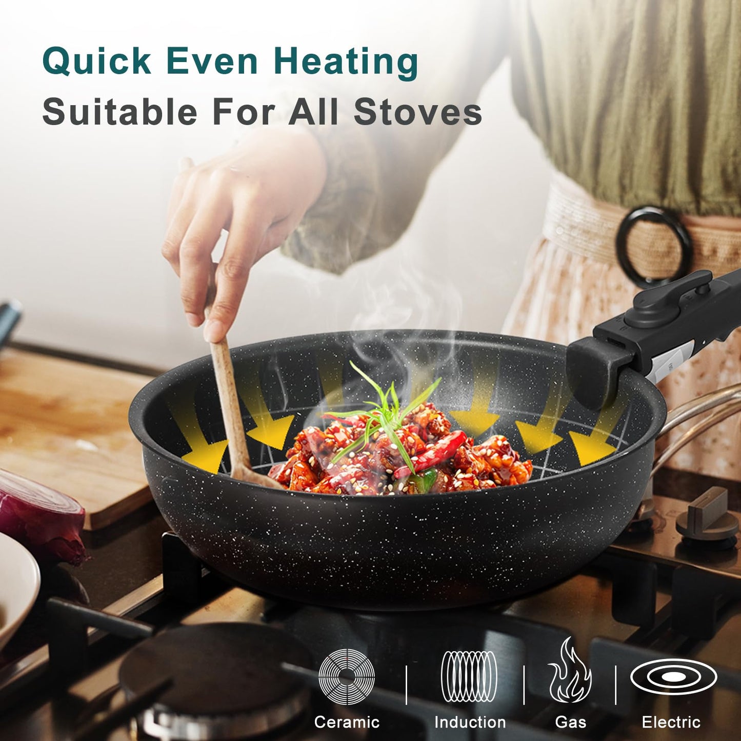 NEWBULIG 12-Piece Nonstick Cookware Set, Detachable Handle Pots and Pans, Induction Compatible Cookware, Dishwasher & Oven Safe, Space-Saving Kitchen Set, Black