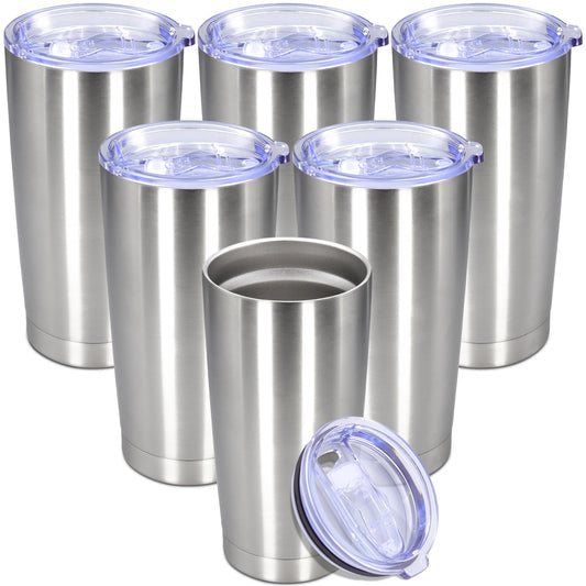 Eyasure 20 oz Tumbler with lid Double Wall Vacuum Insulated Tumblers Stainless Steel Coffee Mug Travel Coffee Tumbler Powder Coated Tumbler Cup Keep Hot&Cold - (Stainless 6 Pack)