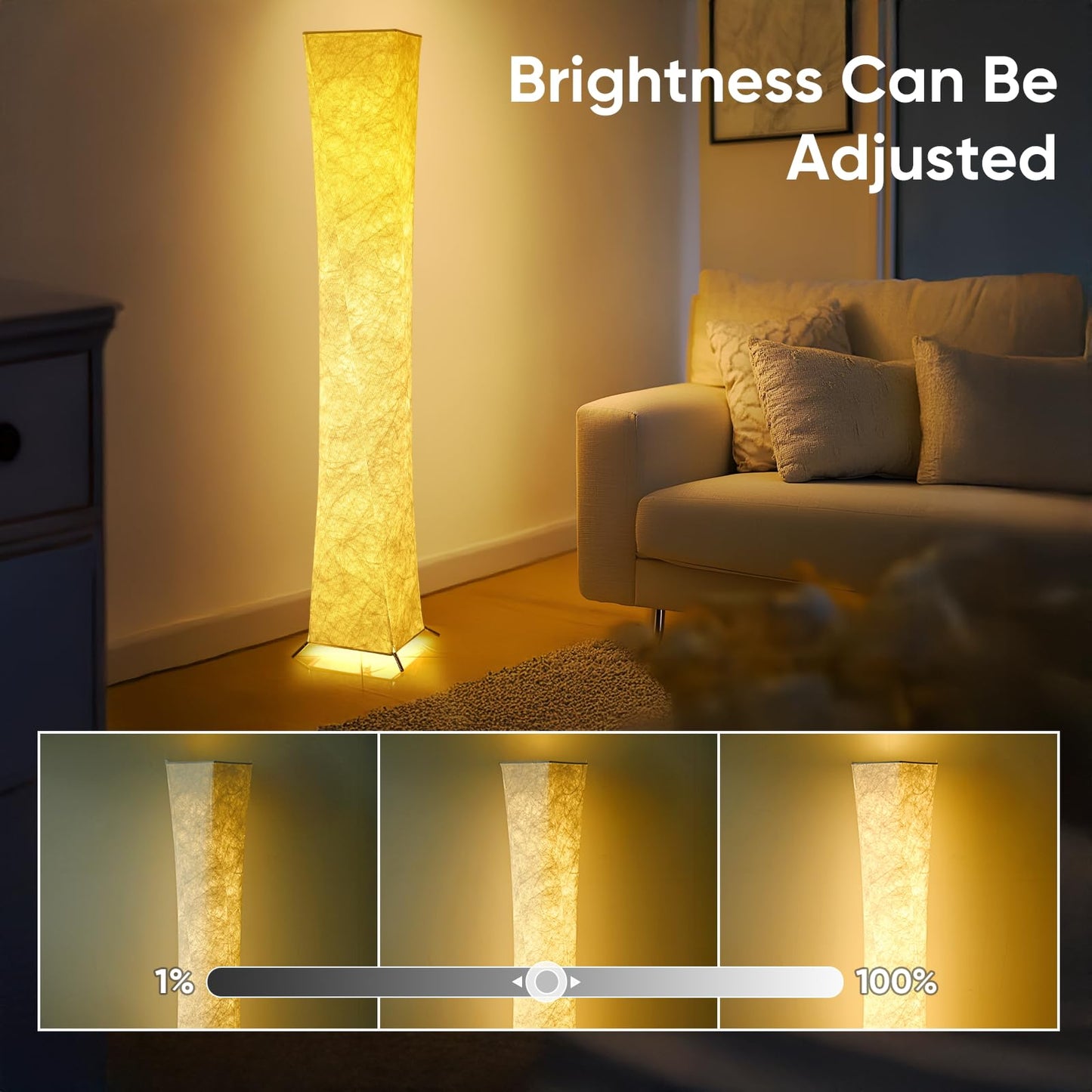 YIEONSHION Modern Floor Lamp with Soft Light, 52 Inch, Remote Control for 3 Colors & Brightness, Energy Efficient LED Tyvek Fabric Shade for Bedroom, Living Room