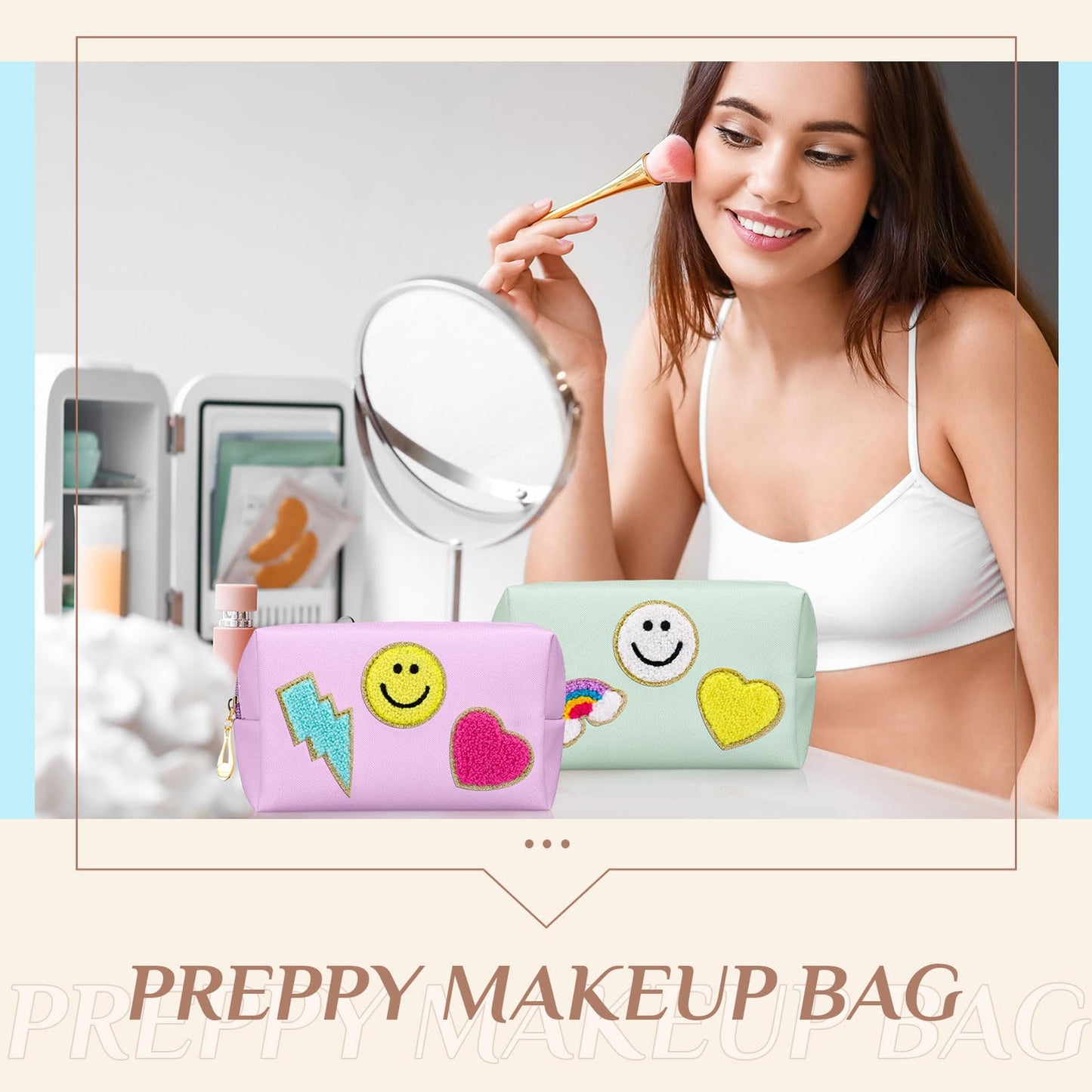 Sanwuta 12 Pcs Preppy Patch Makeup Bag Chenille Letters Cosmetic Bag Pu Leather Preppy Organizer Small Smile Lightning Heart Toiletry Pouch Portable Waterproof Storage Purse Pouch for Women Adults