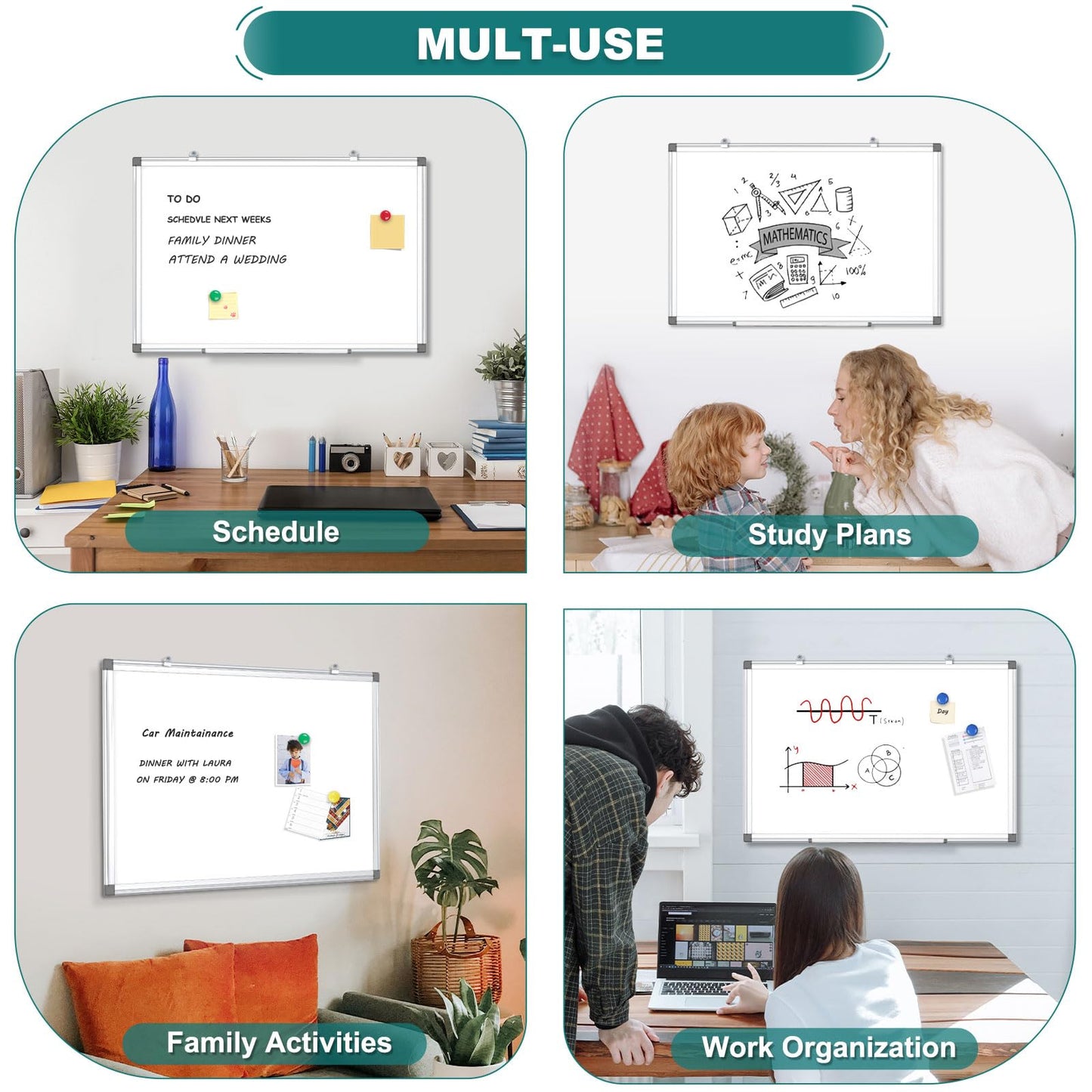 QUEENLINK Double Sided Magnetic White Board, 36"x24" Dry Erase Whiteboard for Wall with Aluminum Frame Presentation Board for School, Office and Home