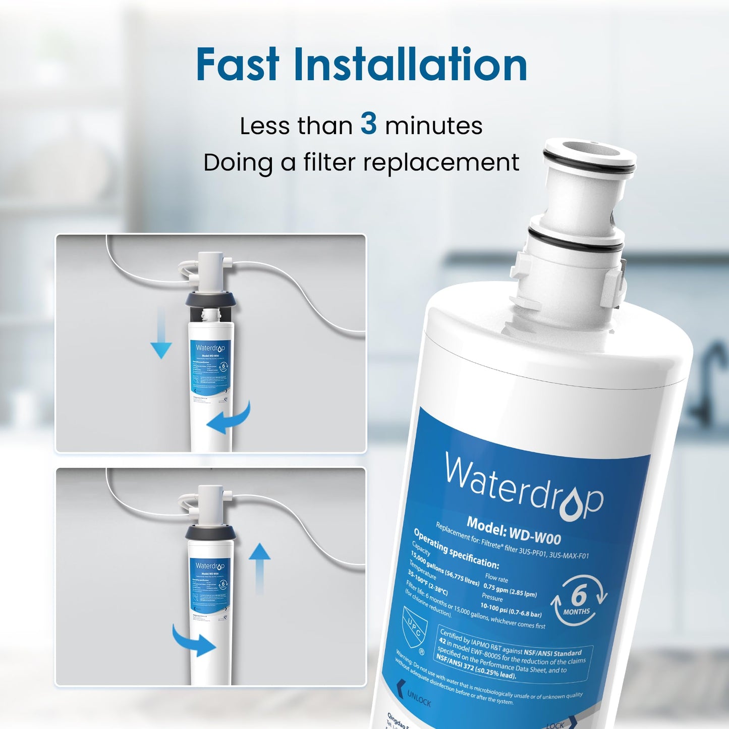 Waterdrop 3US-MAX-F01 Maximum Under Sink Water Filter, Replacement for Advanced 3US-PF01, 3US-MAX-F01, 3US-PS01, 3US-MAX-S01, Manitowoc K-00337, K-00338, NSF/ANSI 42 Certified, Pack of 3
