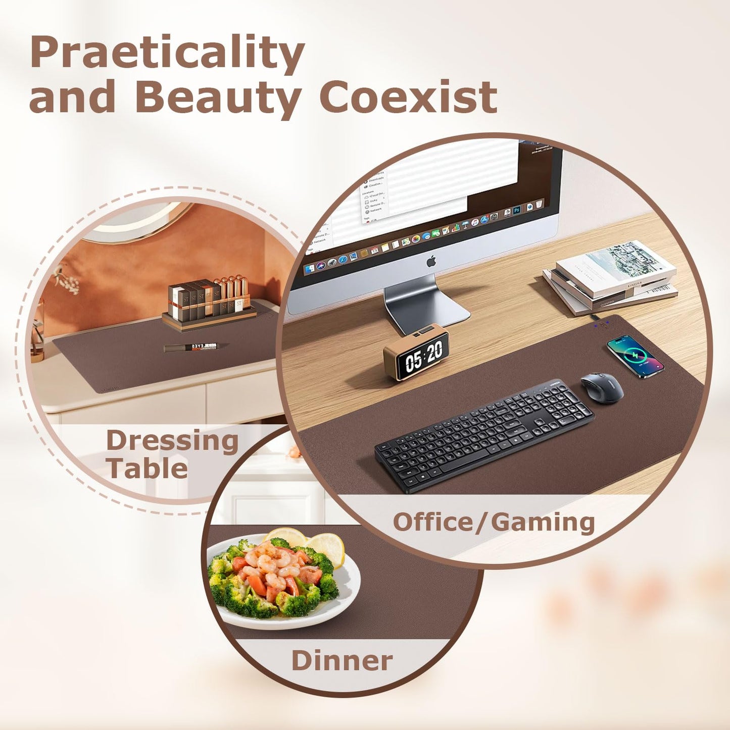 Wireless Charging Mouse Pad Firelison 2 in 1 Leather Multifunctional Office Desk Pad with Non-Slip Rubber Base, Waterproof Desk pad for Computers/Office/Work/Home/Decor（ 36" x 17"Brown - R）