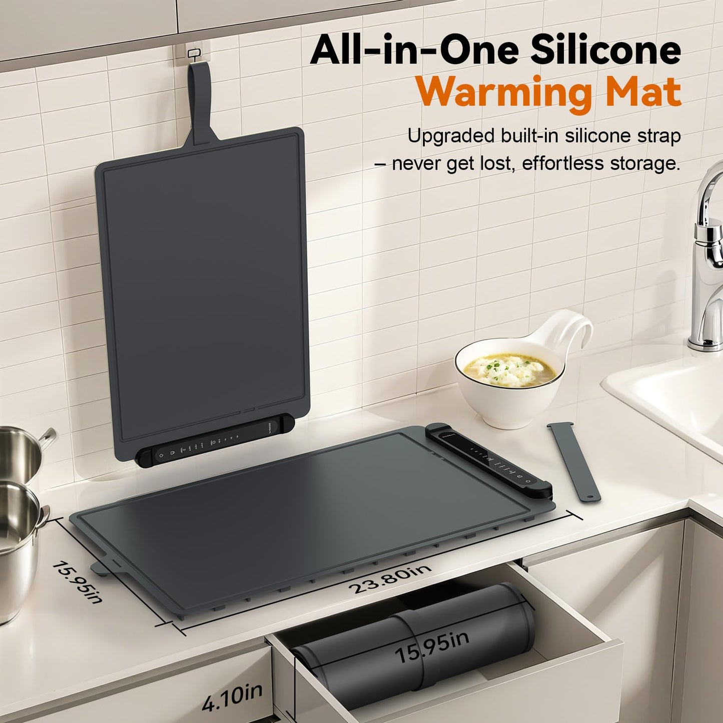 Food Warming Mat Electric Tray: Adjustable Silicone Heating Pad with 3 Temperature Settings 4 Timer Function Portable Roll Up Hot Plate for Buffets Party Gatherings Kitchen Countertop Black Gray