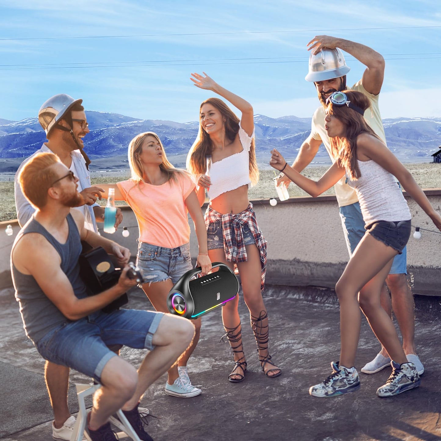 HWWR Bluetooth Speaker, IPX5 Waterproof Portable Bluetooth Speaker with Powerful Bass & LED Lights, Loud Stereo Wireless Speaker for Home Party, Beach, Outdoor Camping, Support USB/TF Card/AUX/TWS