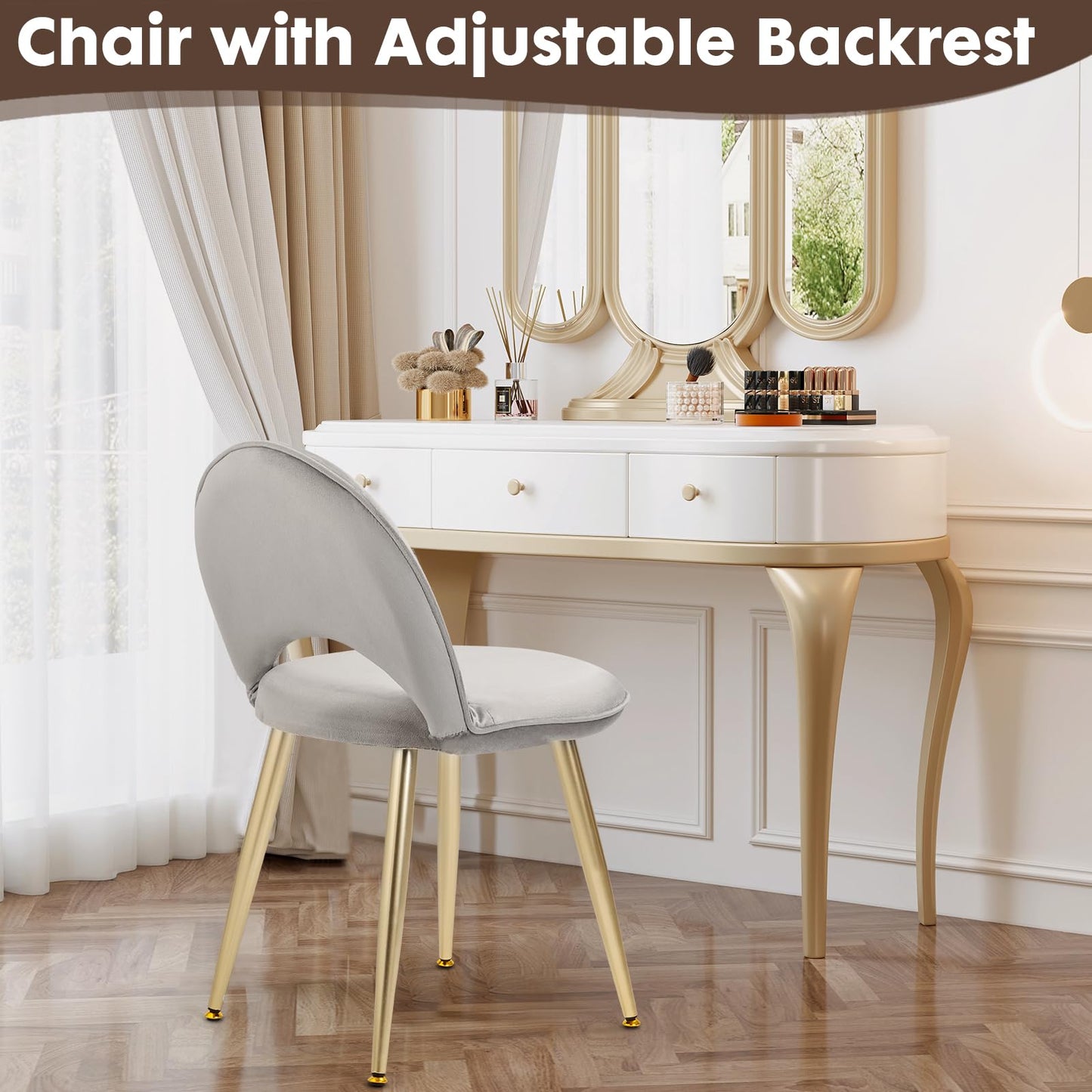 2BYF Home Sherpa Vanity Chair with Adjustable Backrest - Ergonomic Makeup Stool for Bedroom, Soft Upholstered Desk Chair for Home Office, Gold Metal Legs, Modern Seating for Small Spaces Gray
